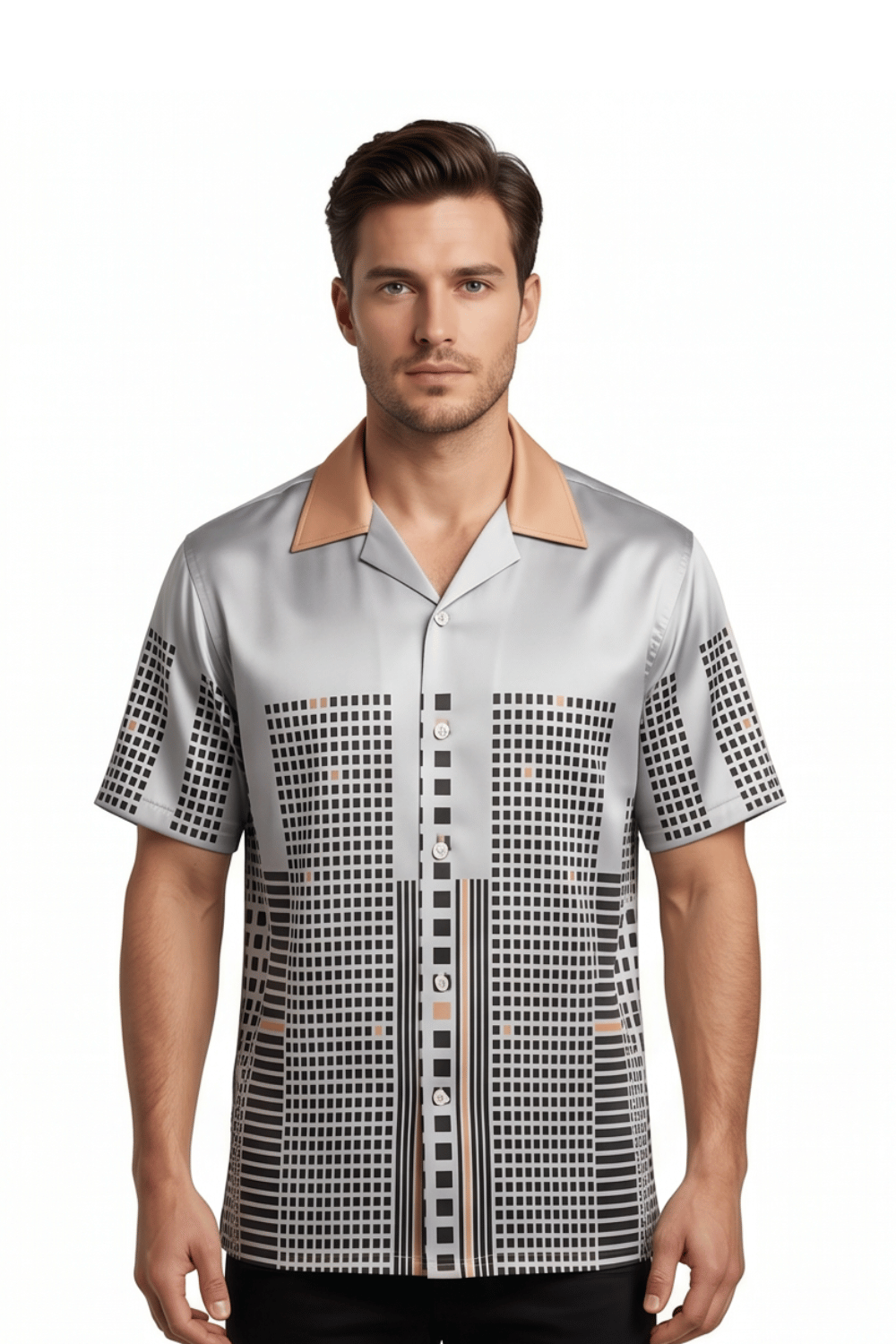 Front view of men's resort collar short sleeve button-up shirt