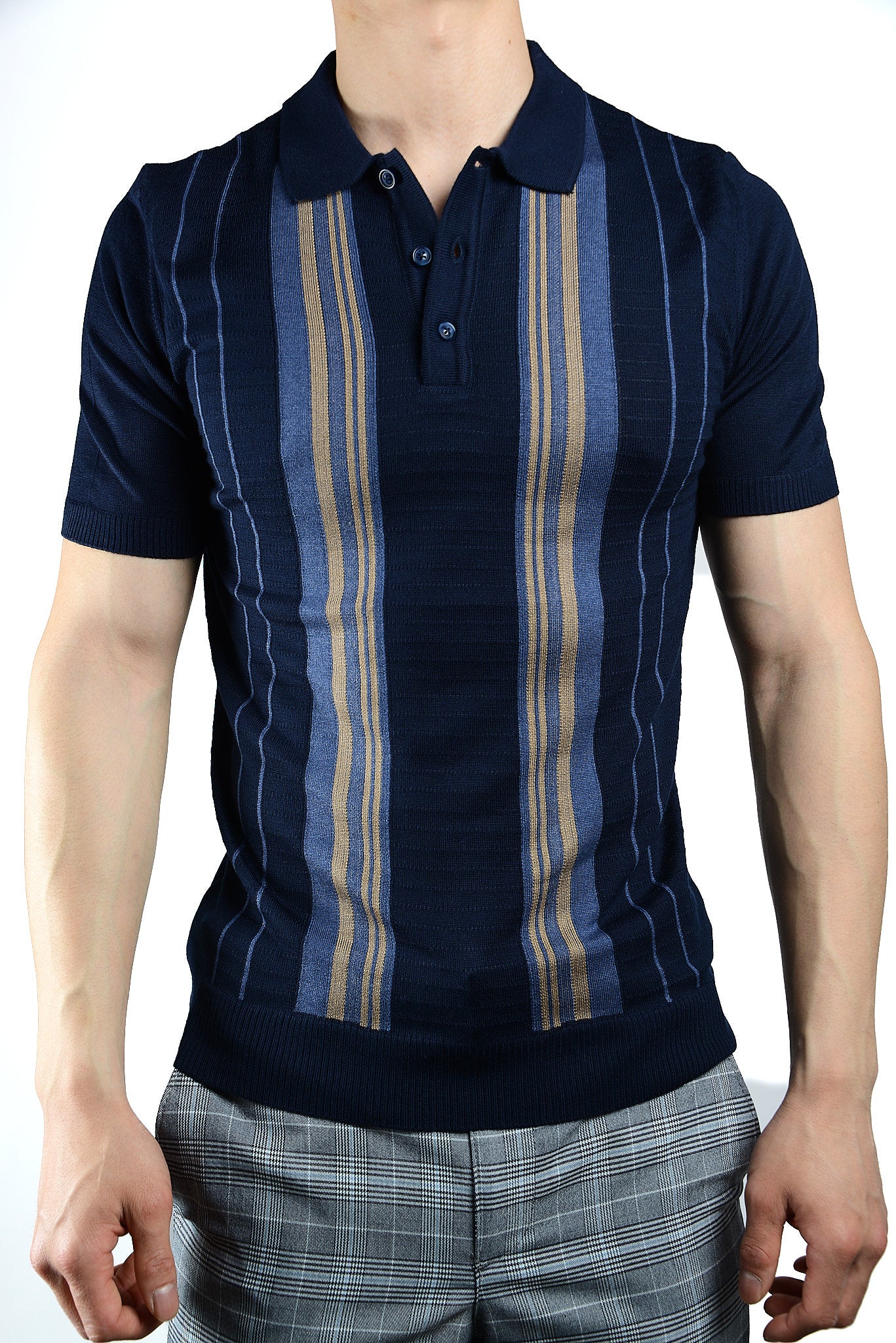 Textured Vertical Stripe Zip Knit Polo