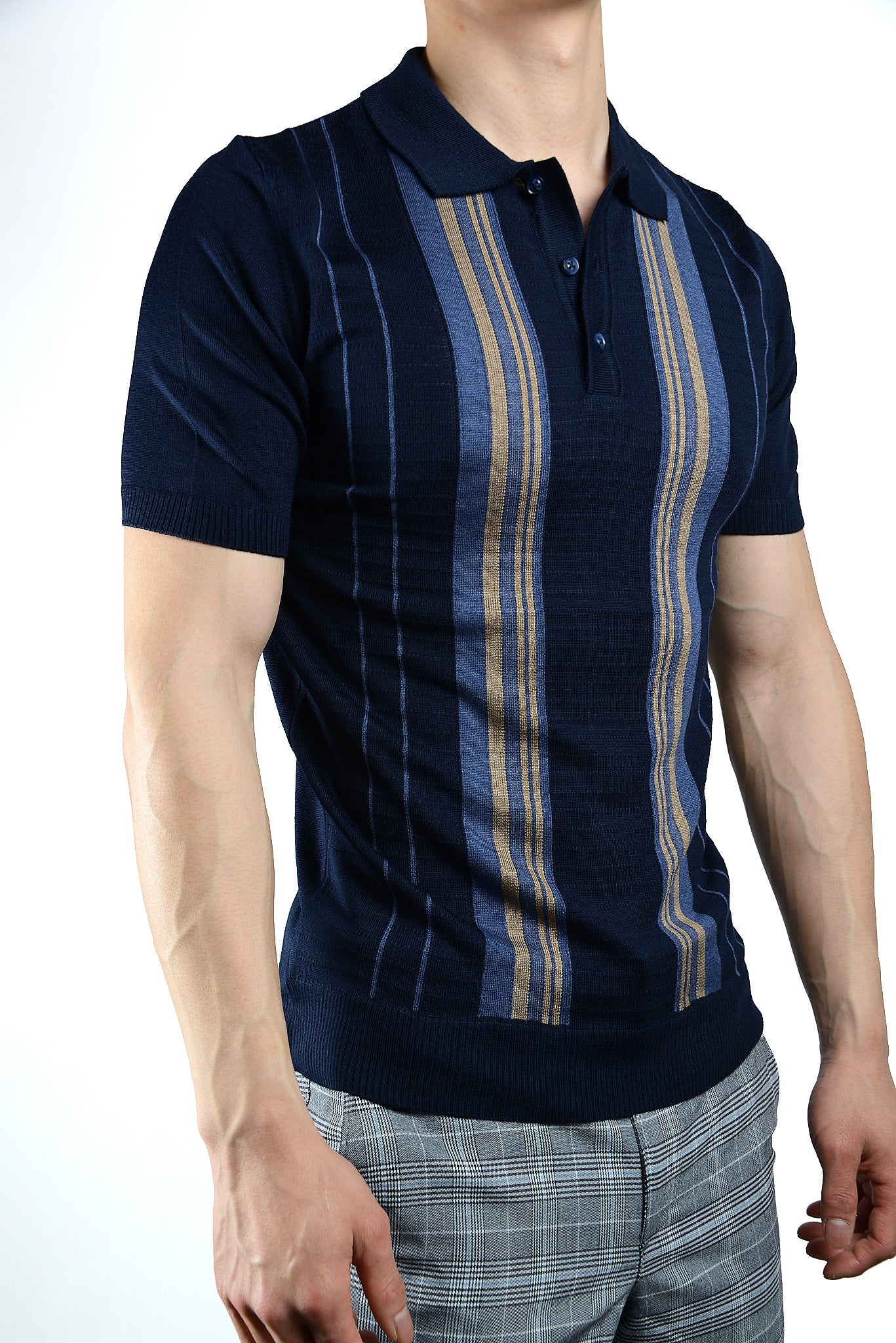 Textured Vertical Stripe Zip Knit Polo