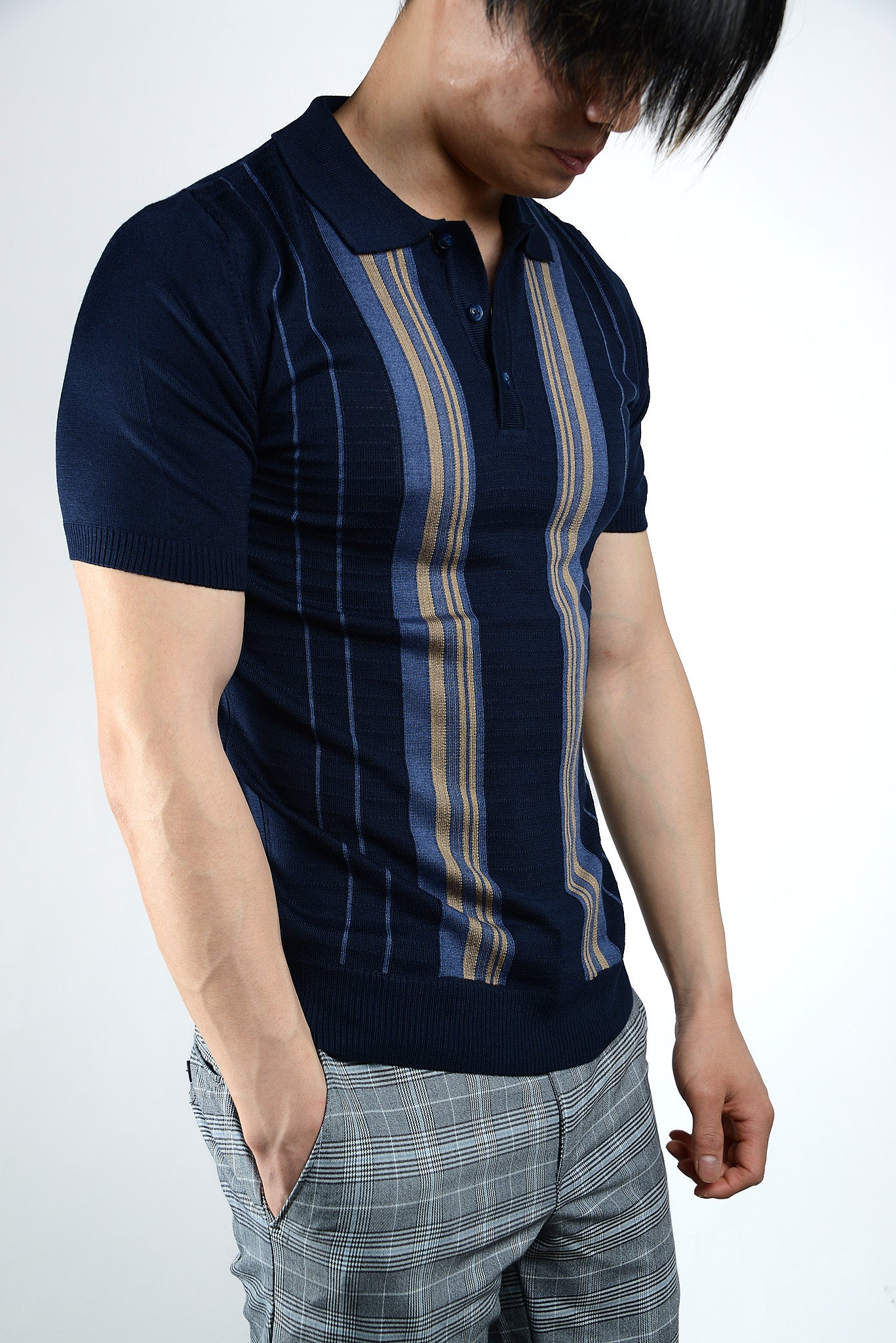 Textured Vertical Stripe Zip Knit Polo