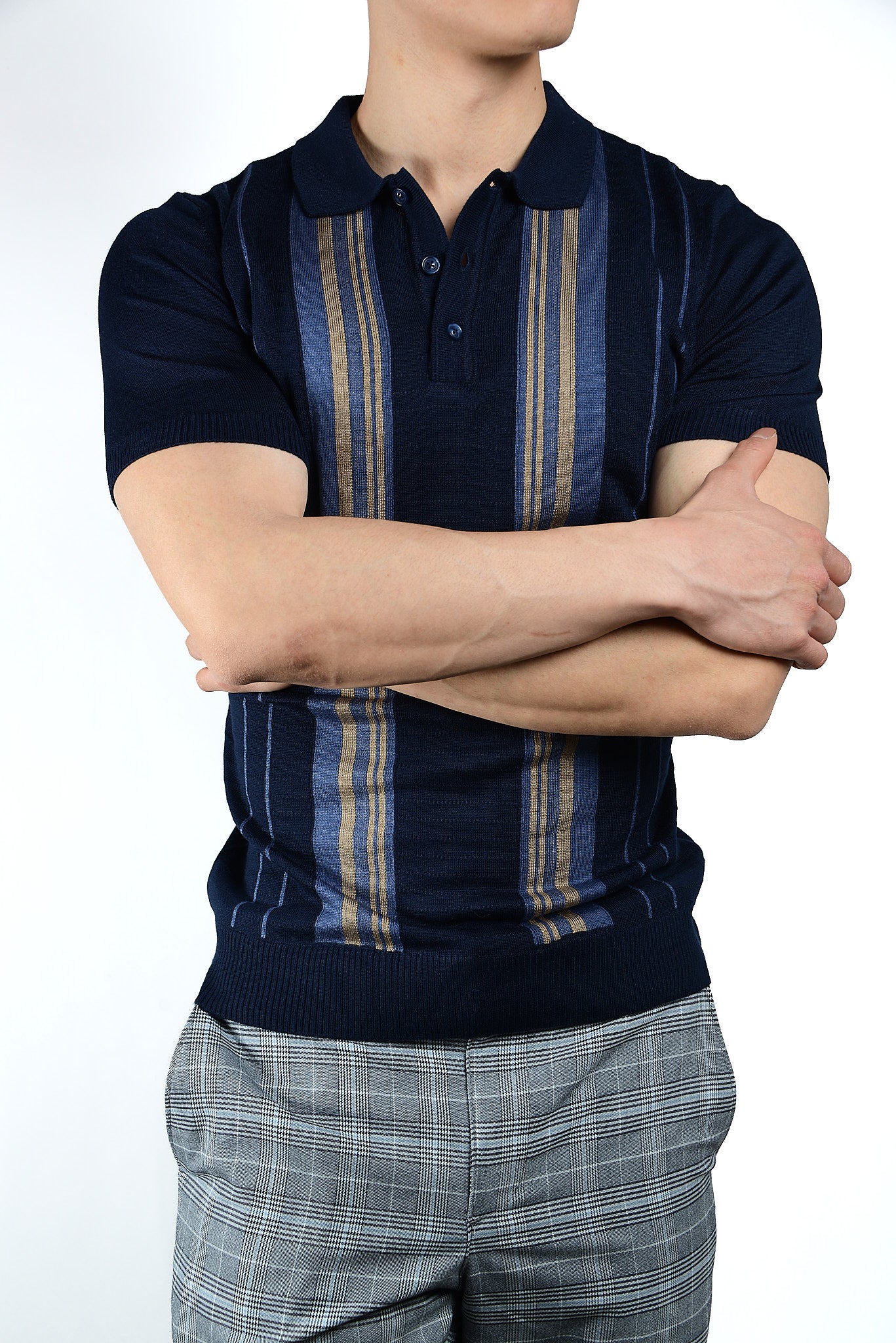 Textured Vertical Stripe Zip Knit Polo