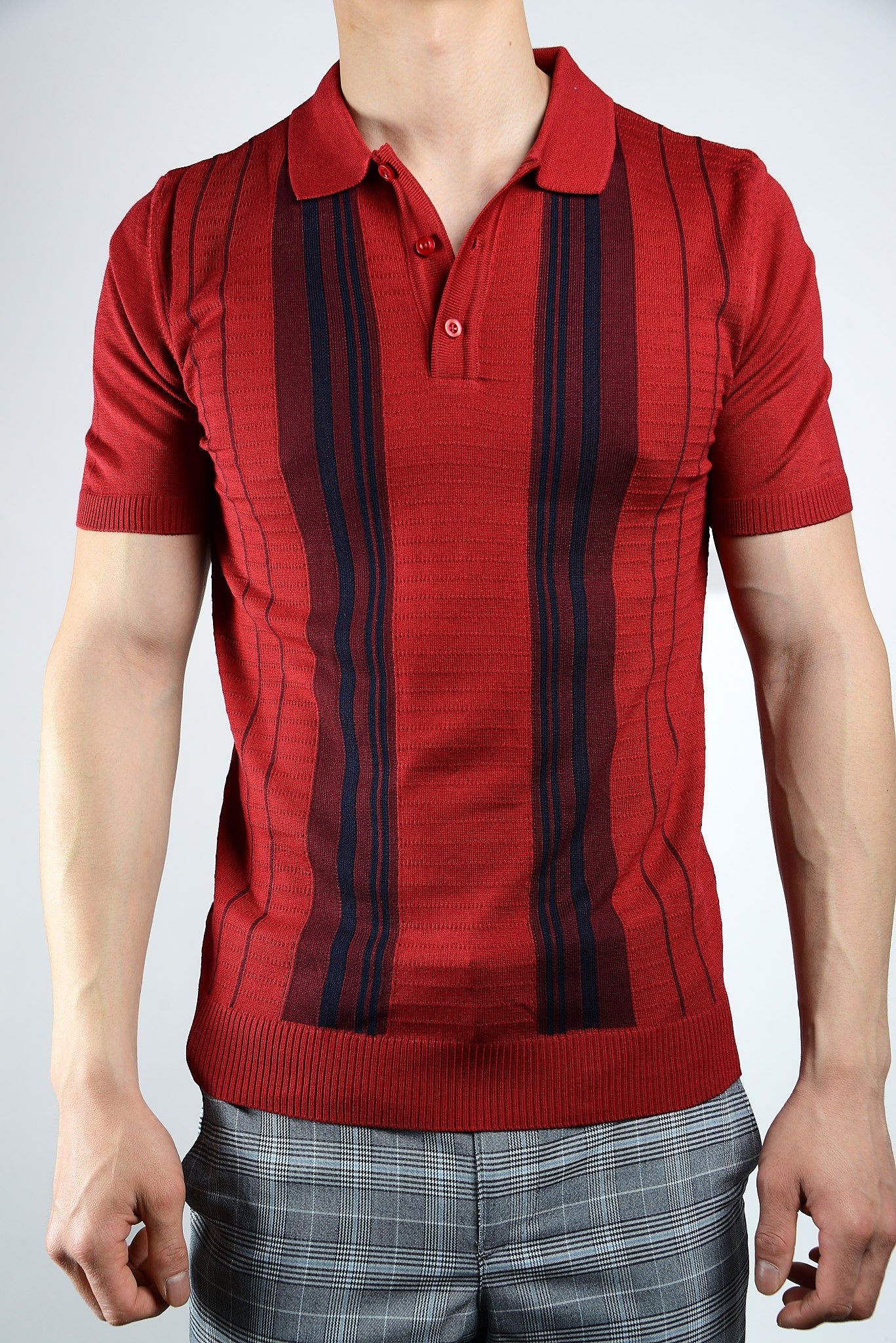 Textured Vertical Stripe Zip Knit Polo