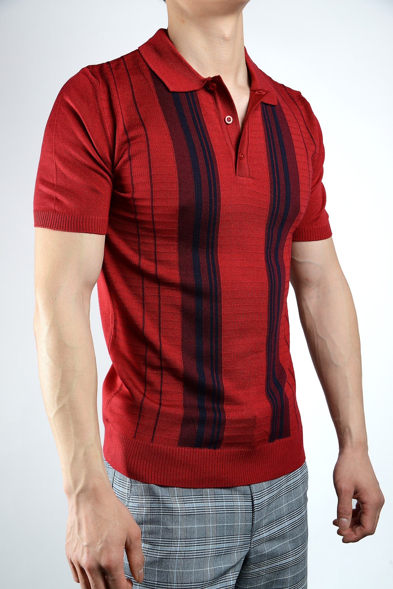 Textured Vertical Stripe Zip Knit Polo