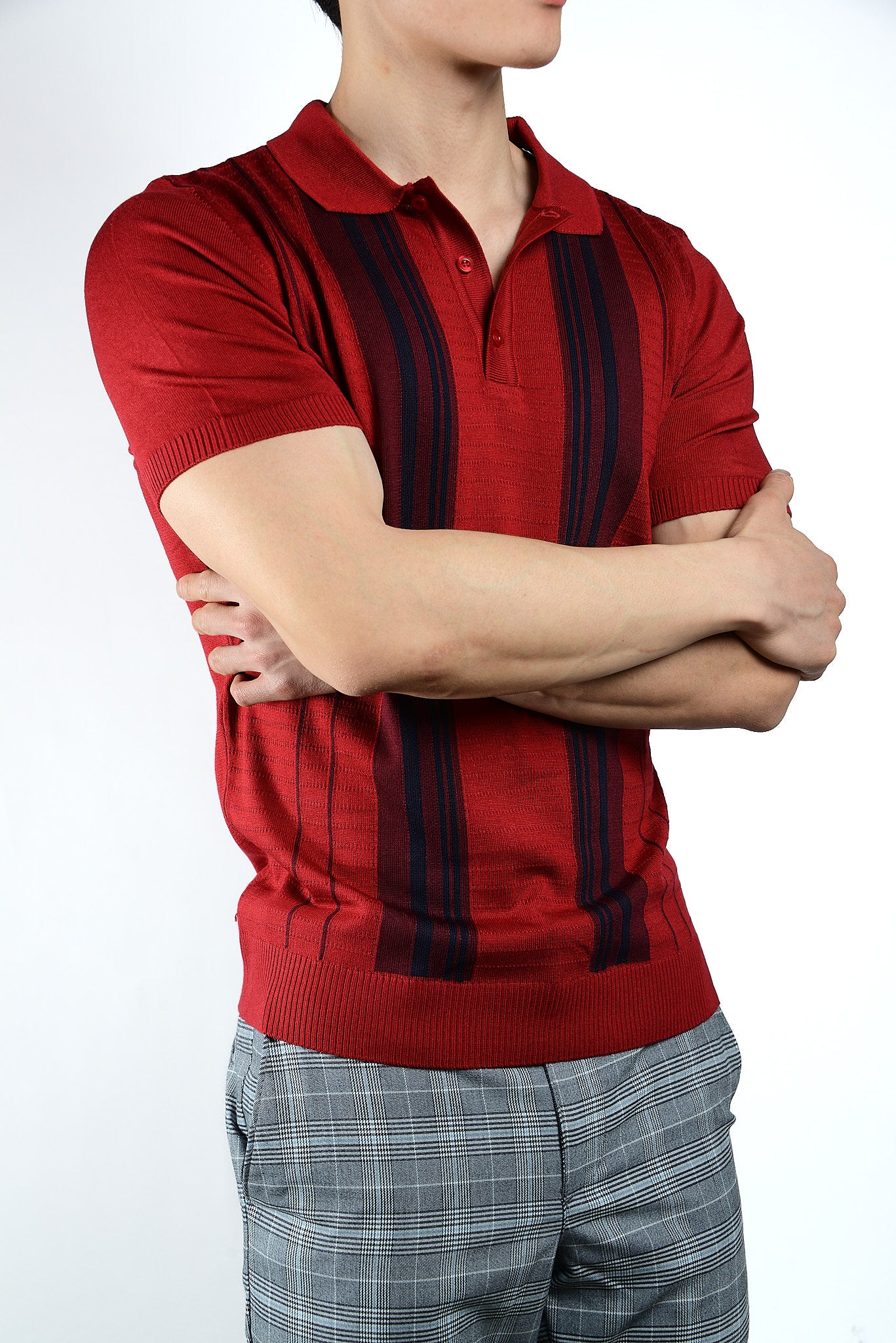 Textured Vertical Stripe Zip Knit Polo