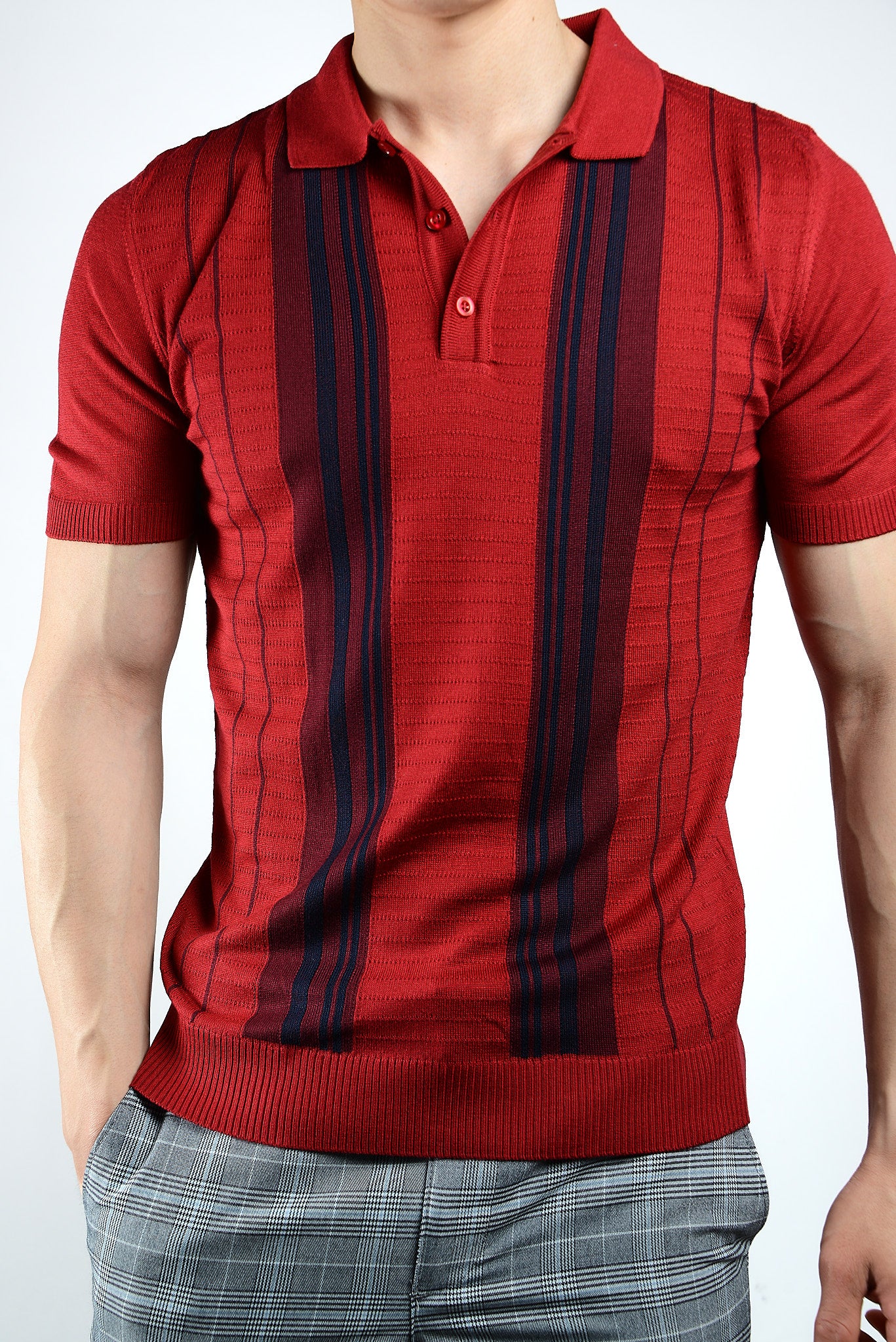 Textured Vertical Stripe Zip Knit Polo