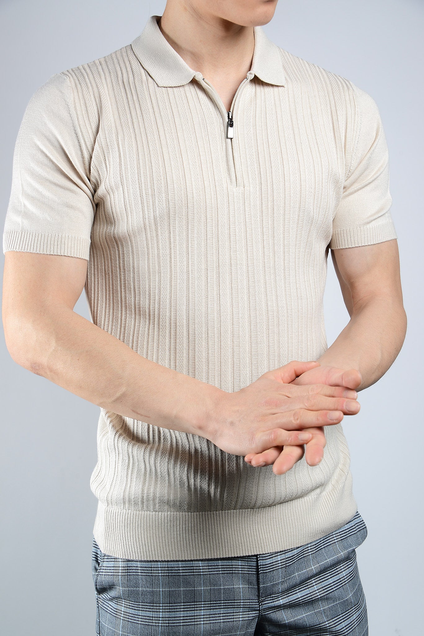 Textured Solid Zip Knit Polo