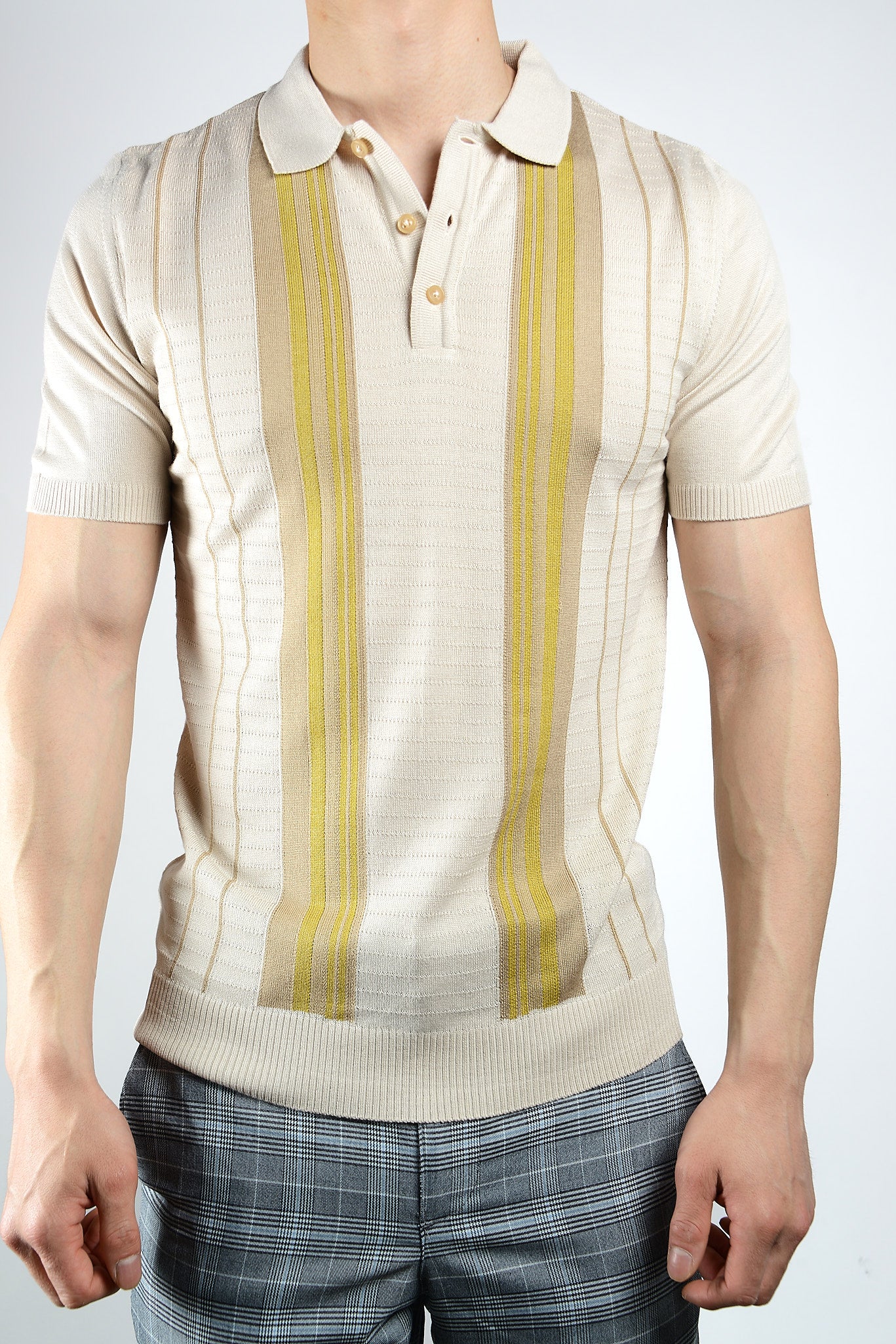 Textured Vertical Stripe Zip Knit Polo