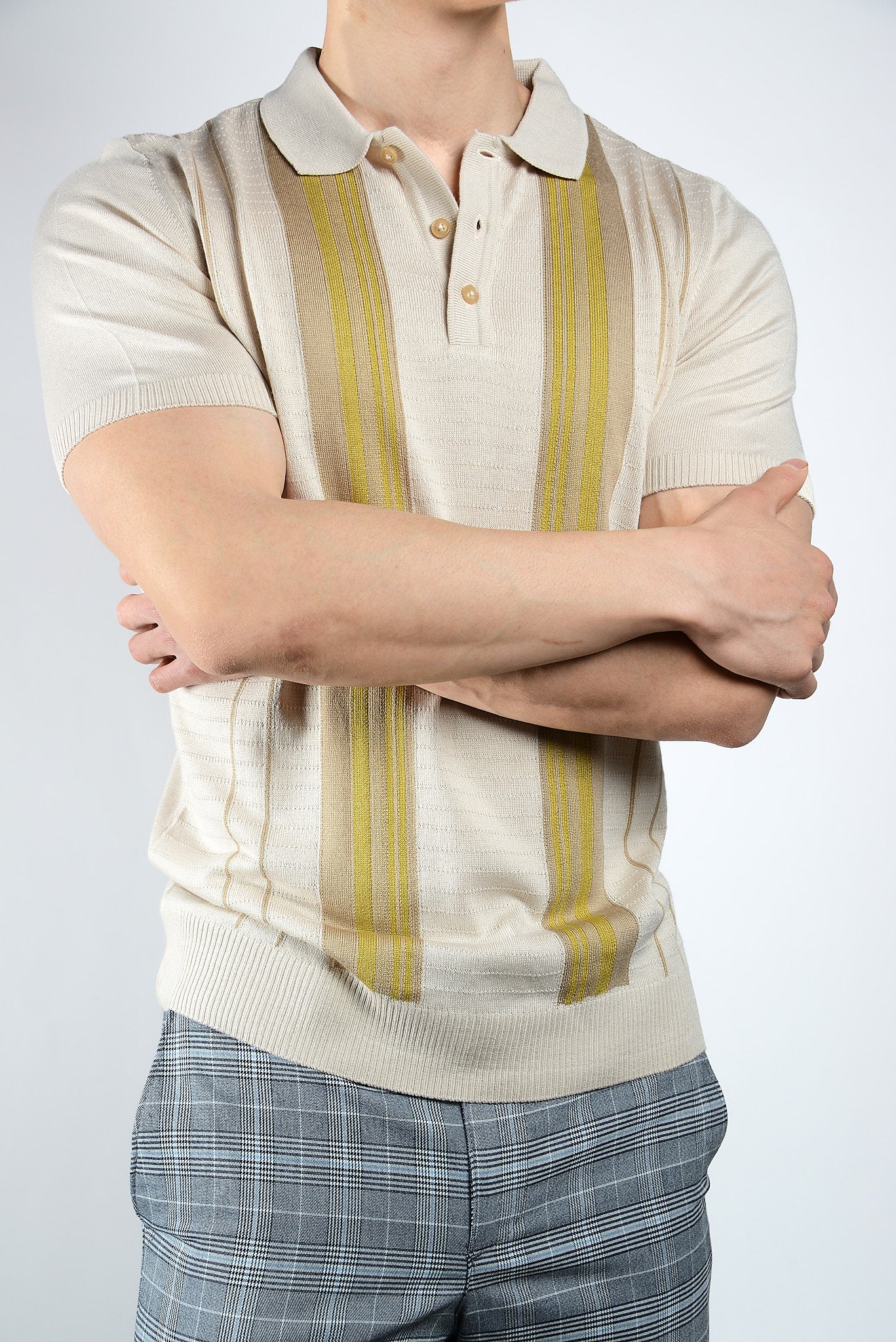 Textured Vertical Stripe Zip Knit Polo