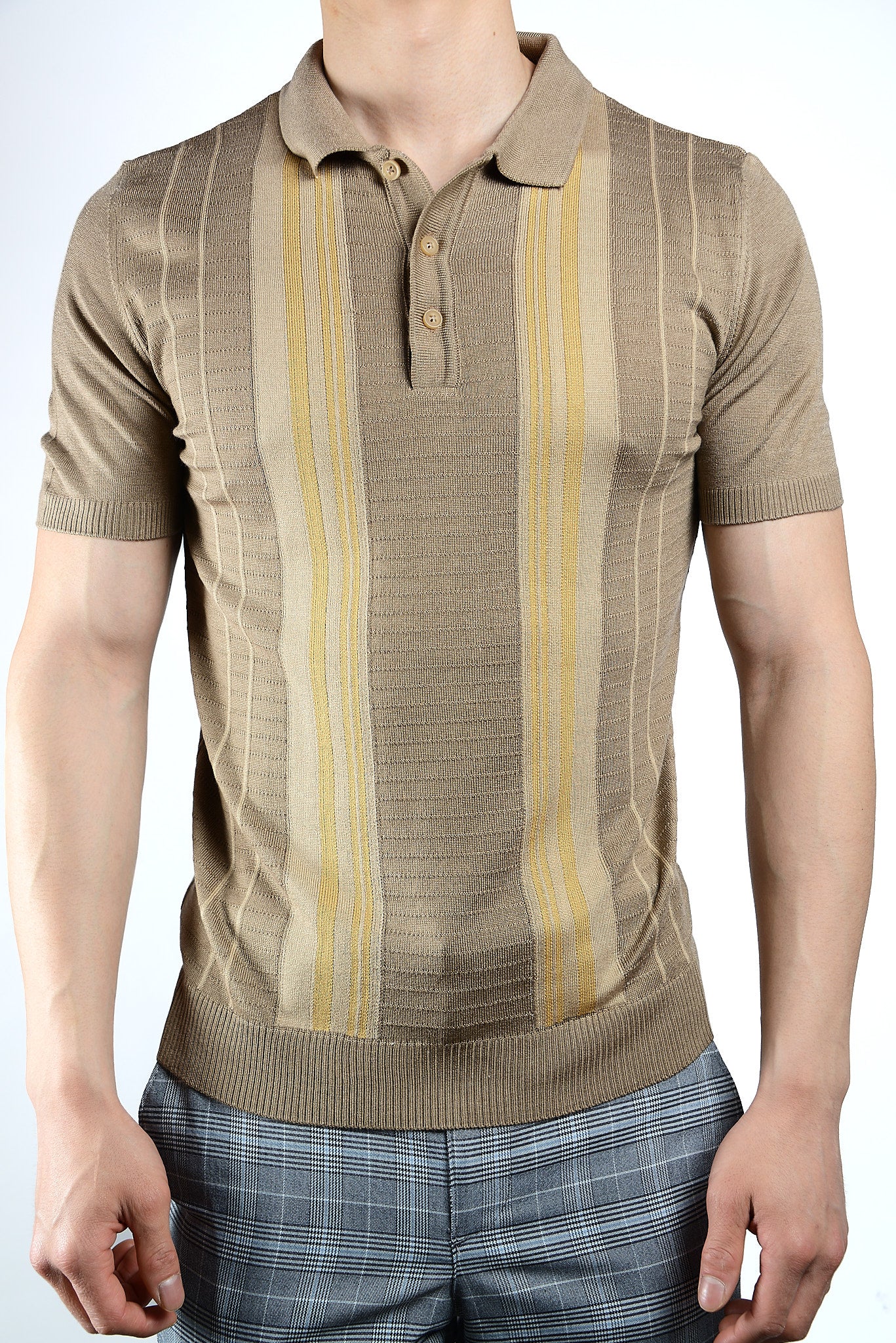Textured Vertical Stripe Zip Knit Polo