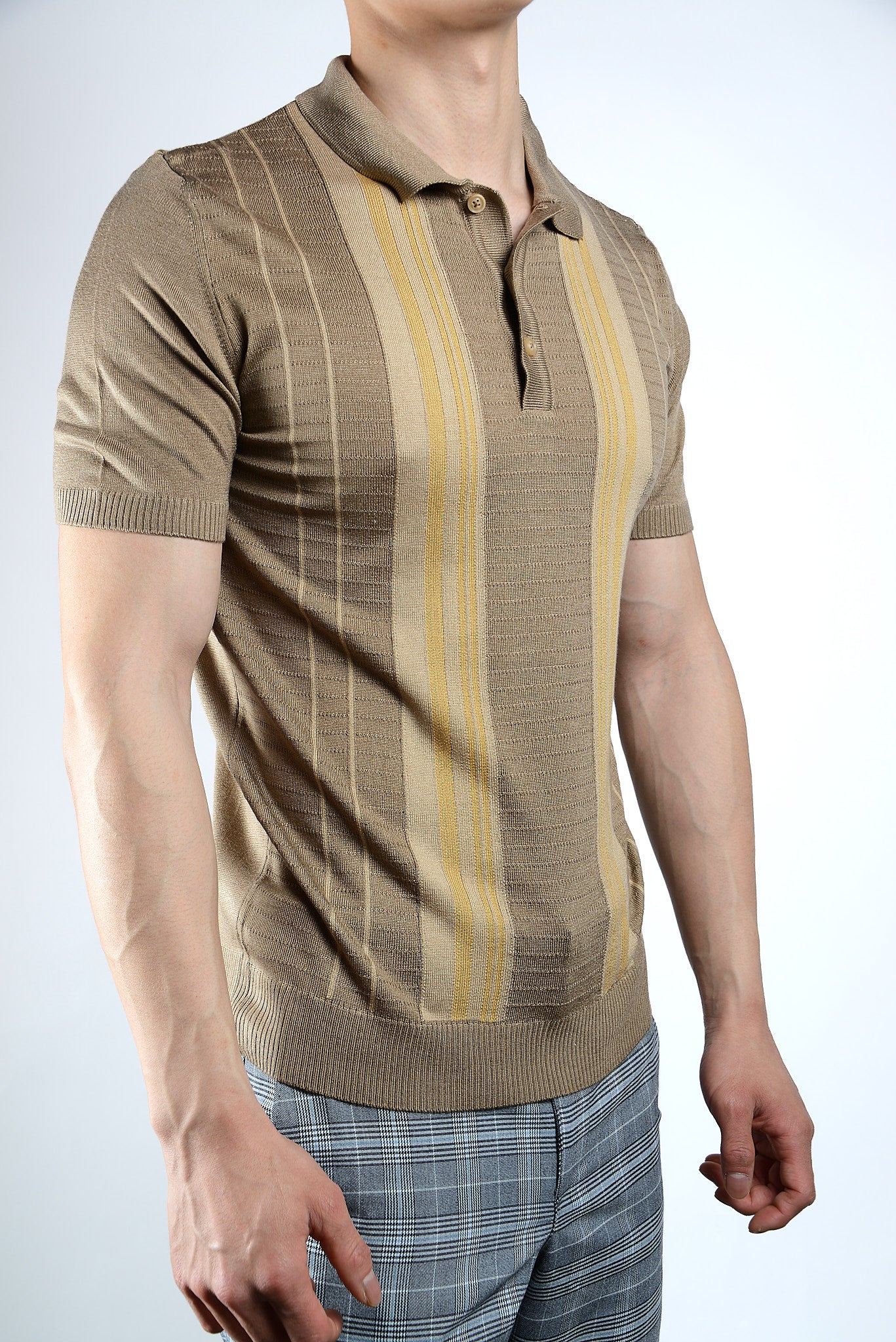 Textured Vertical Stripe Zip Knit Polo