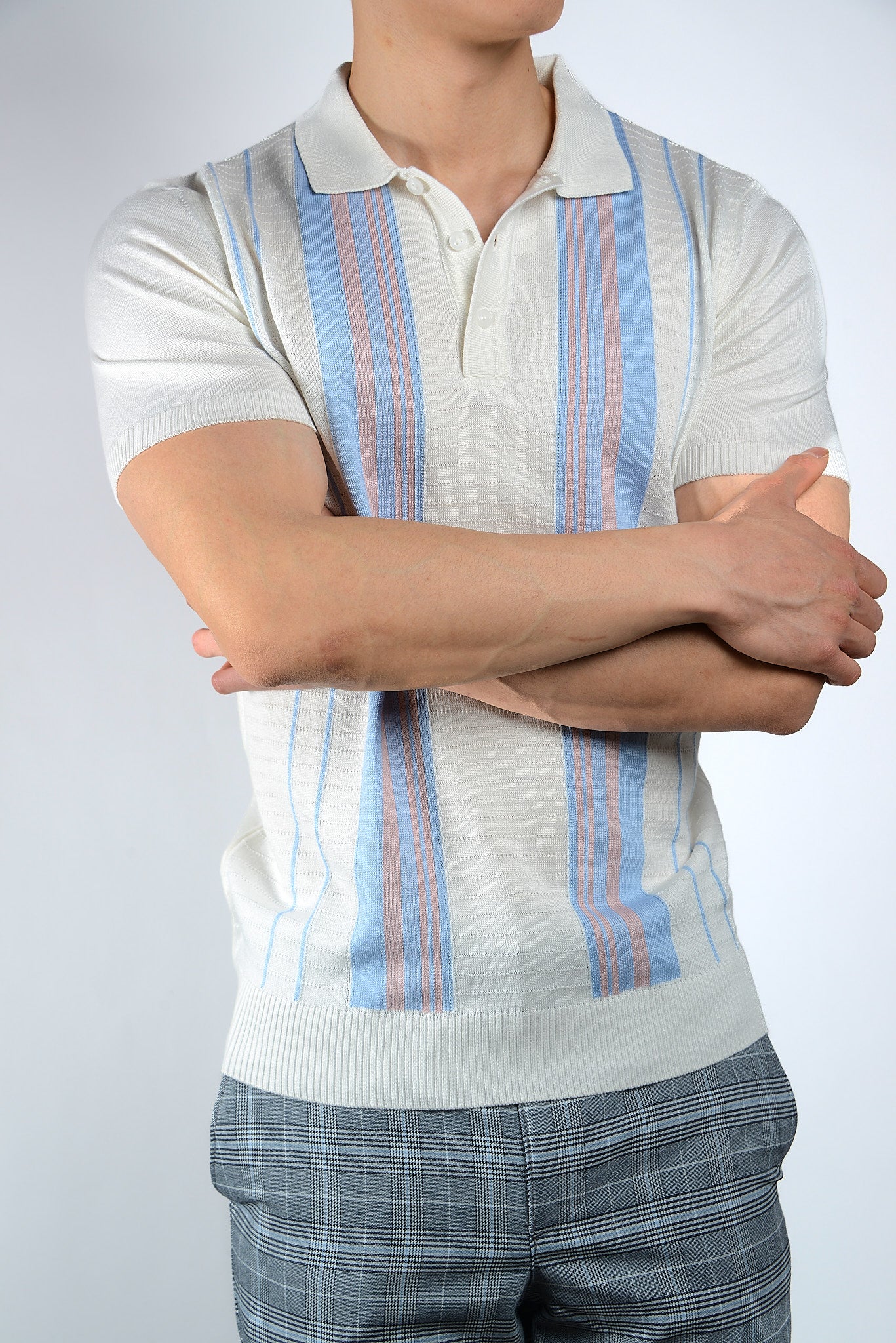 Textured Vertical Stripe Zip Knit Polo