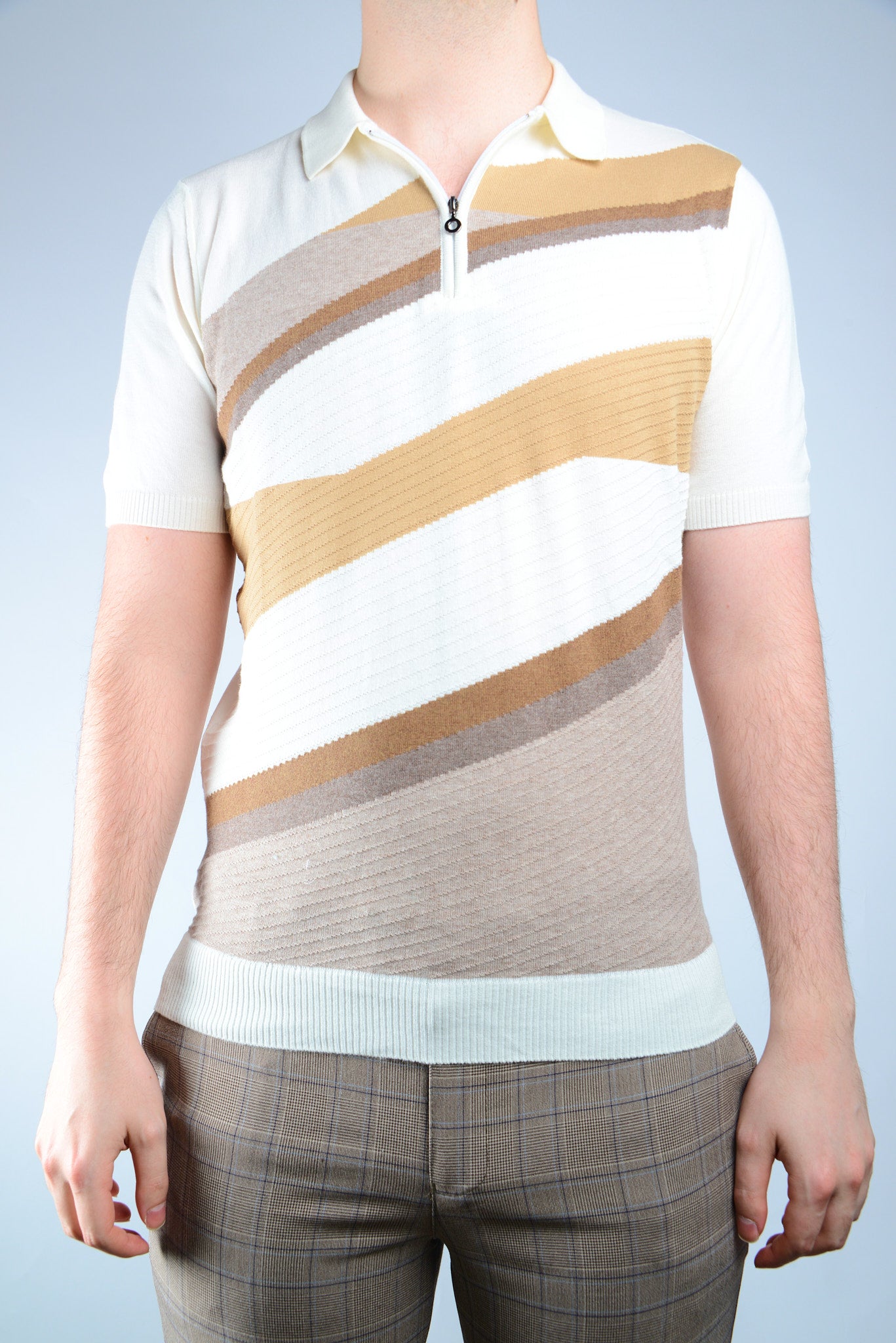 Textured Diagonal Stripe Zip Polo