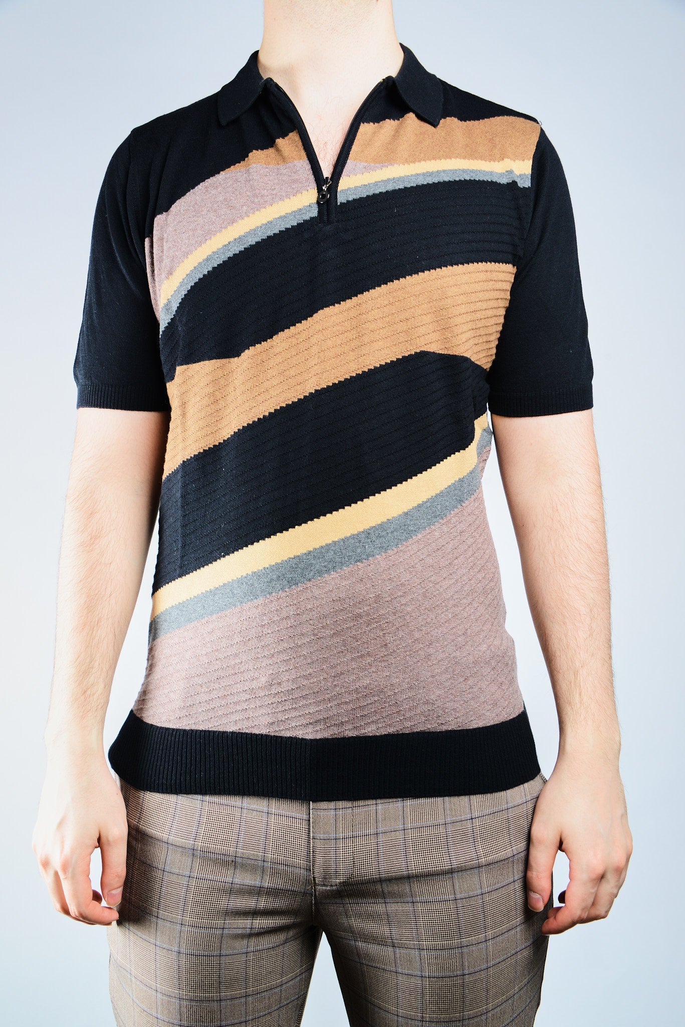 Textured Diagonal Stripe Zip Polo