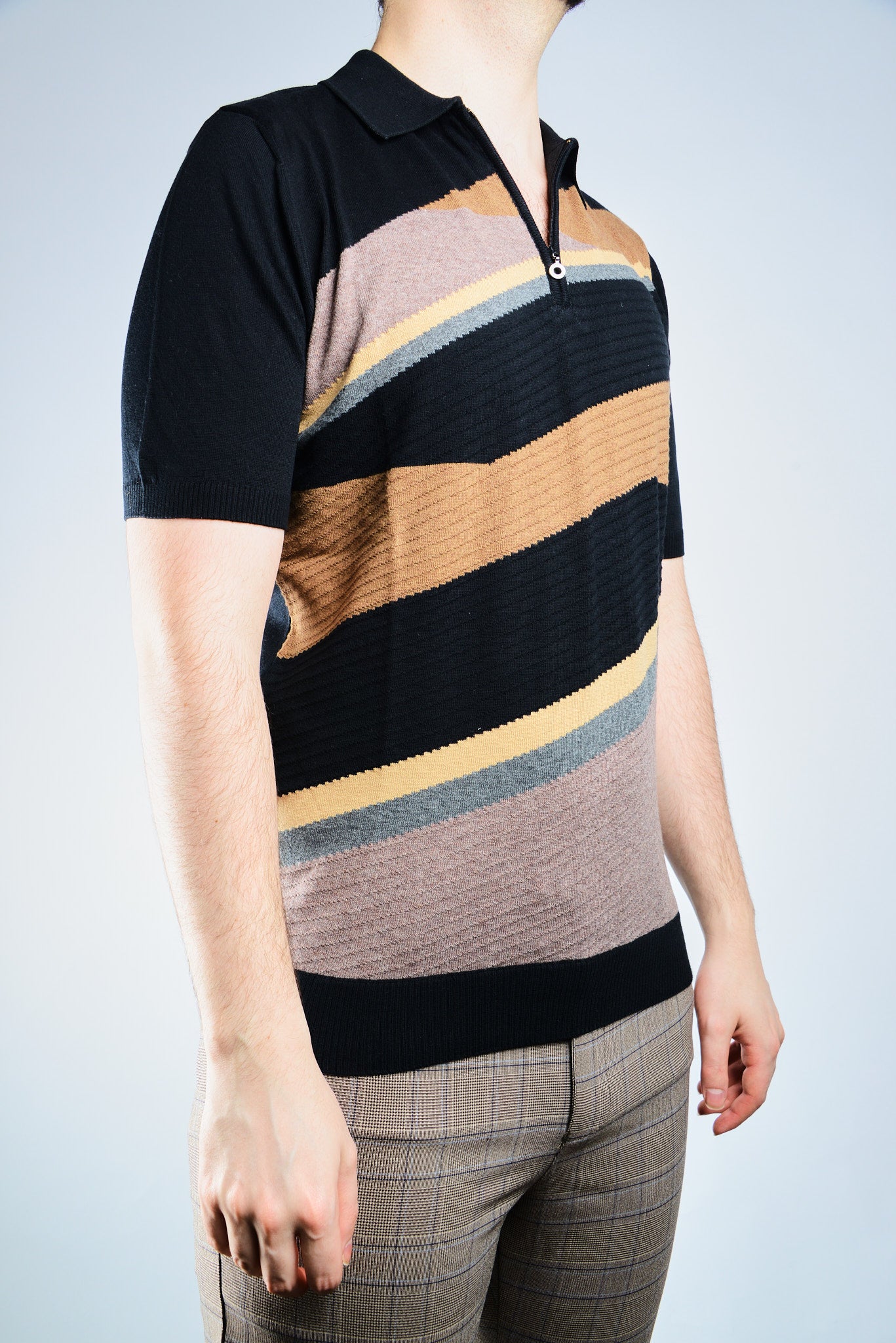 Textured Diagonal Stripe Zip Polo