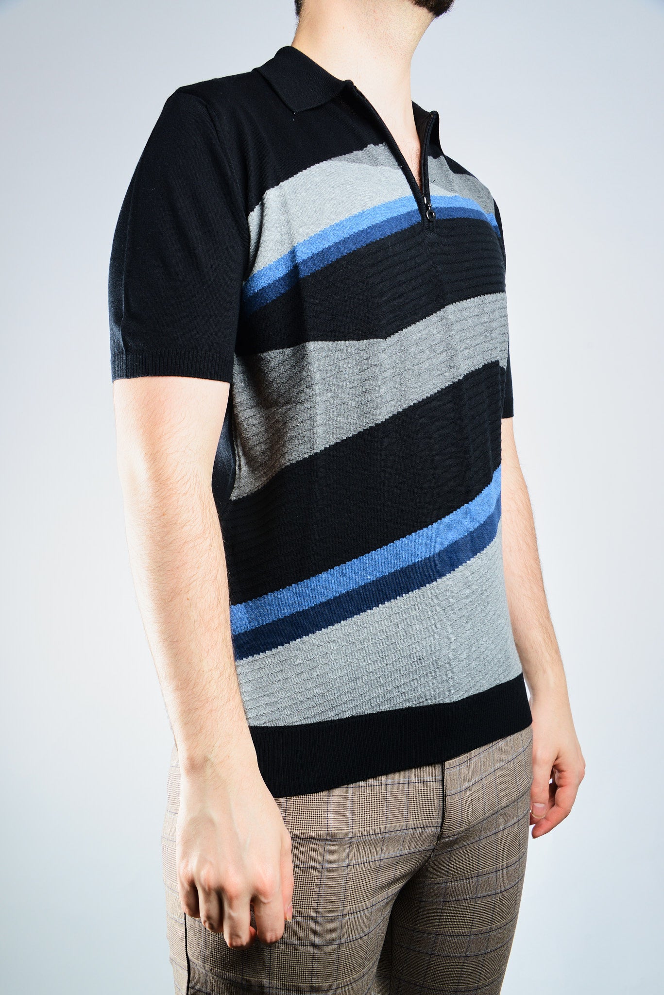 Textured Diagonal Stripe Zip Polo
