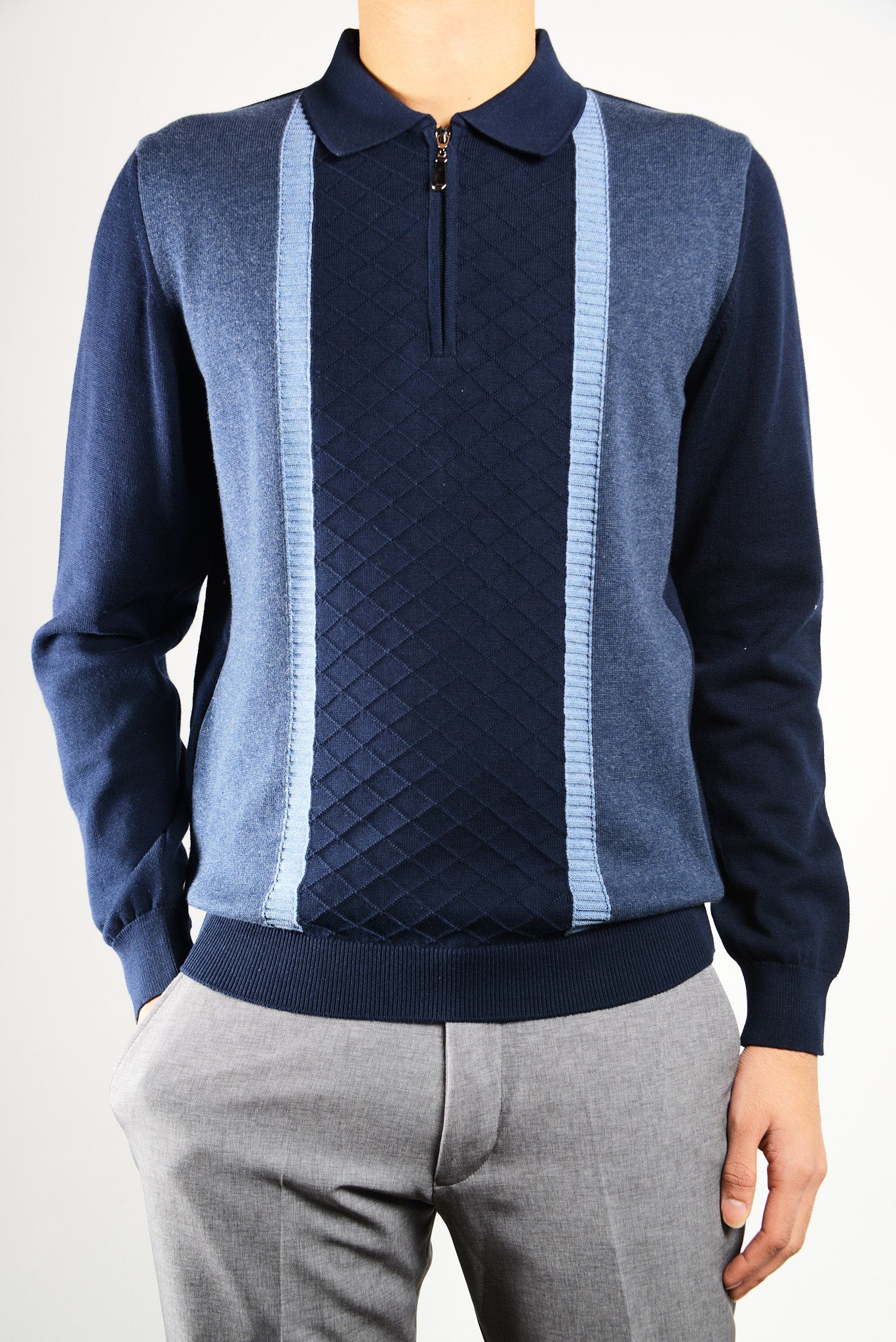 DT 1/4 Zip Textured Diamond Stitch Front Polo Ls