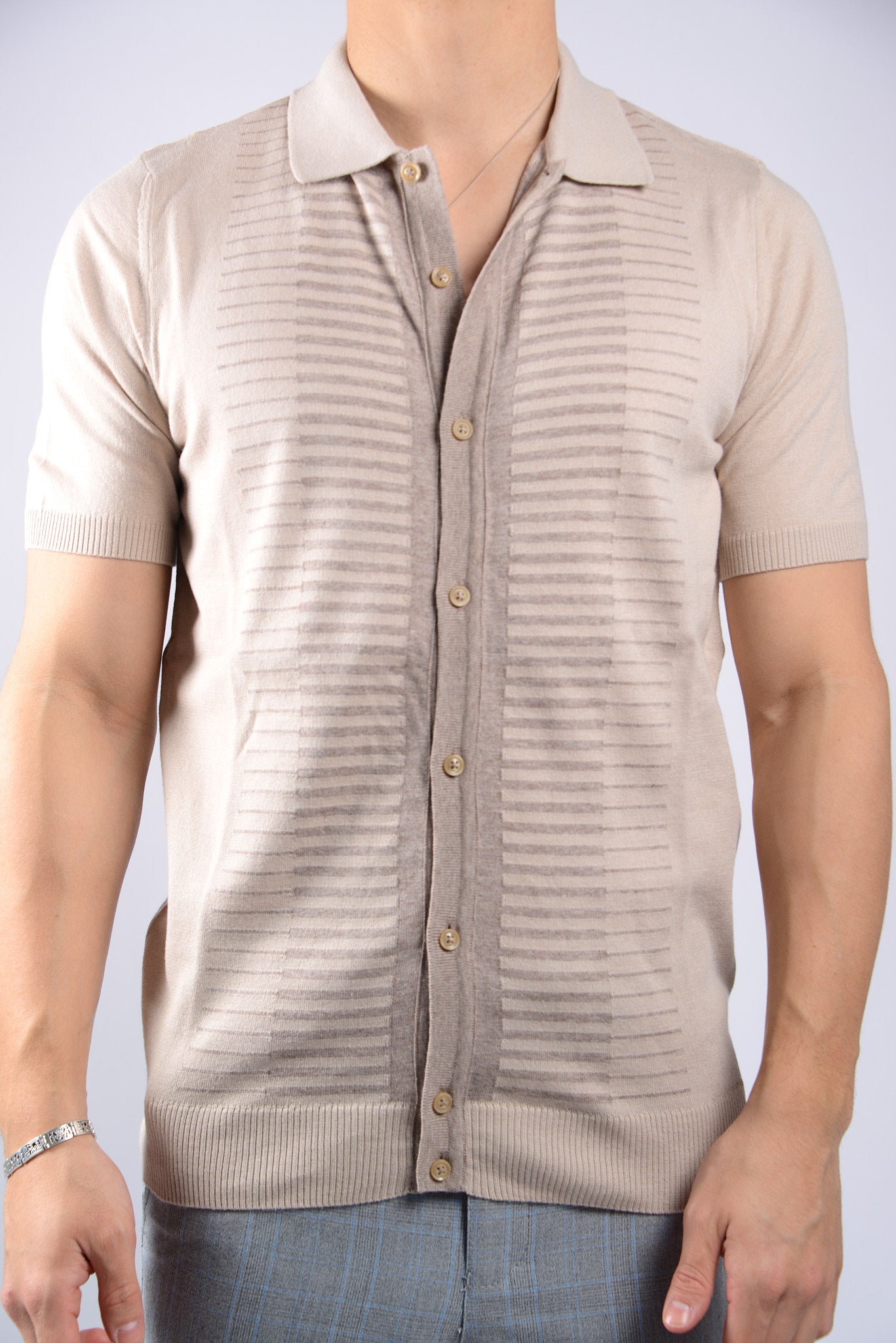 HORIZONTAL STRIPE KNIT BUTTON POLO