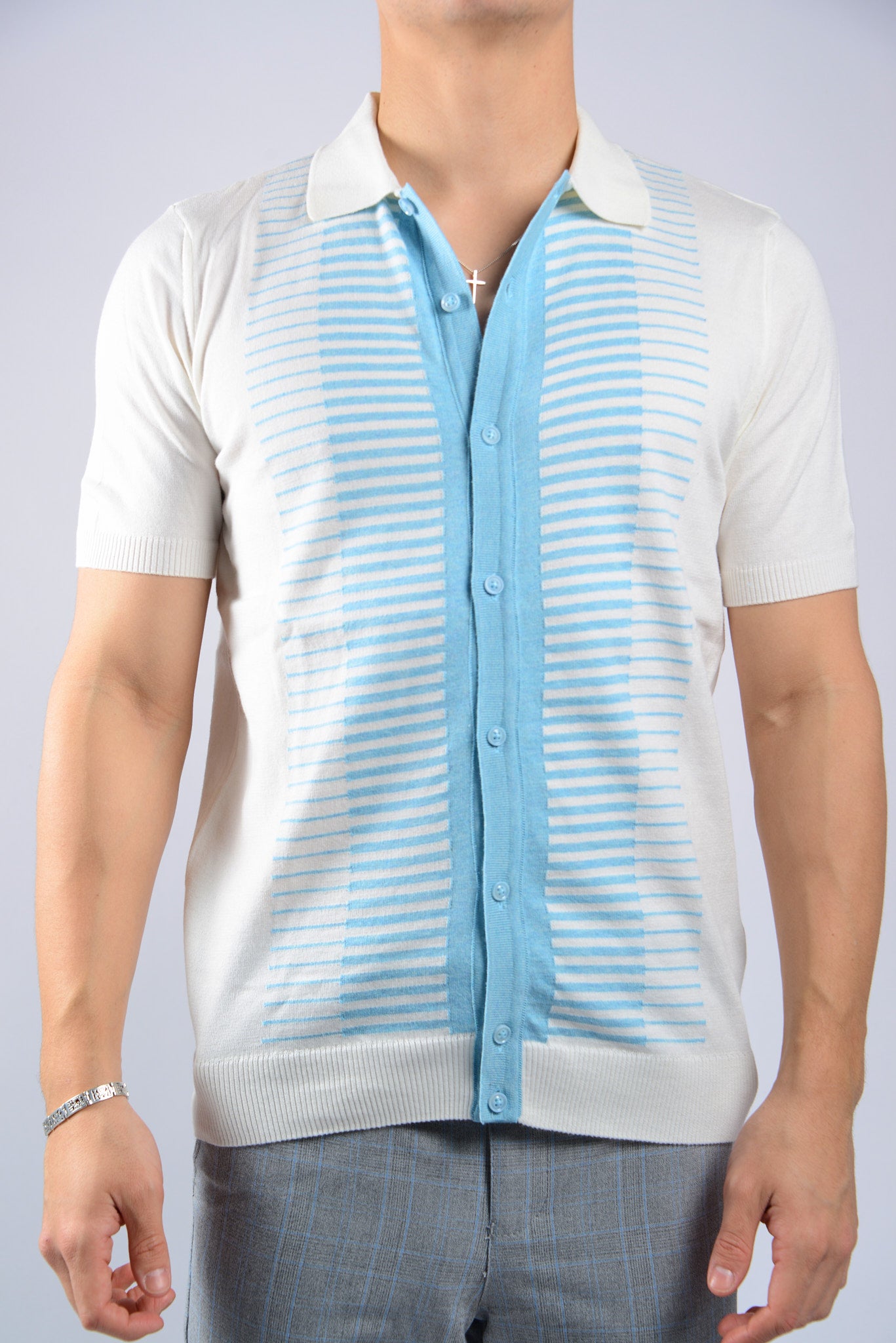 HORIZONTAL STRIPE KNIT BUTTON POLO