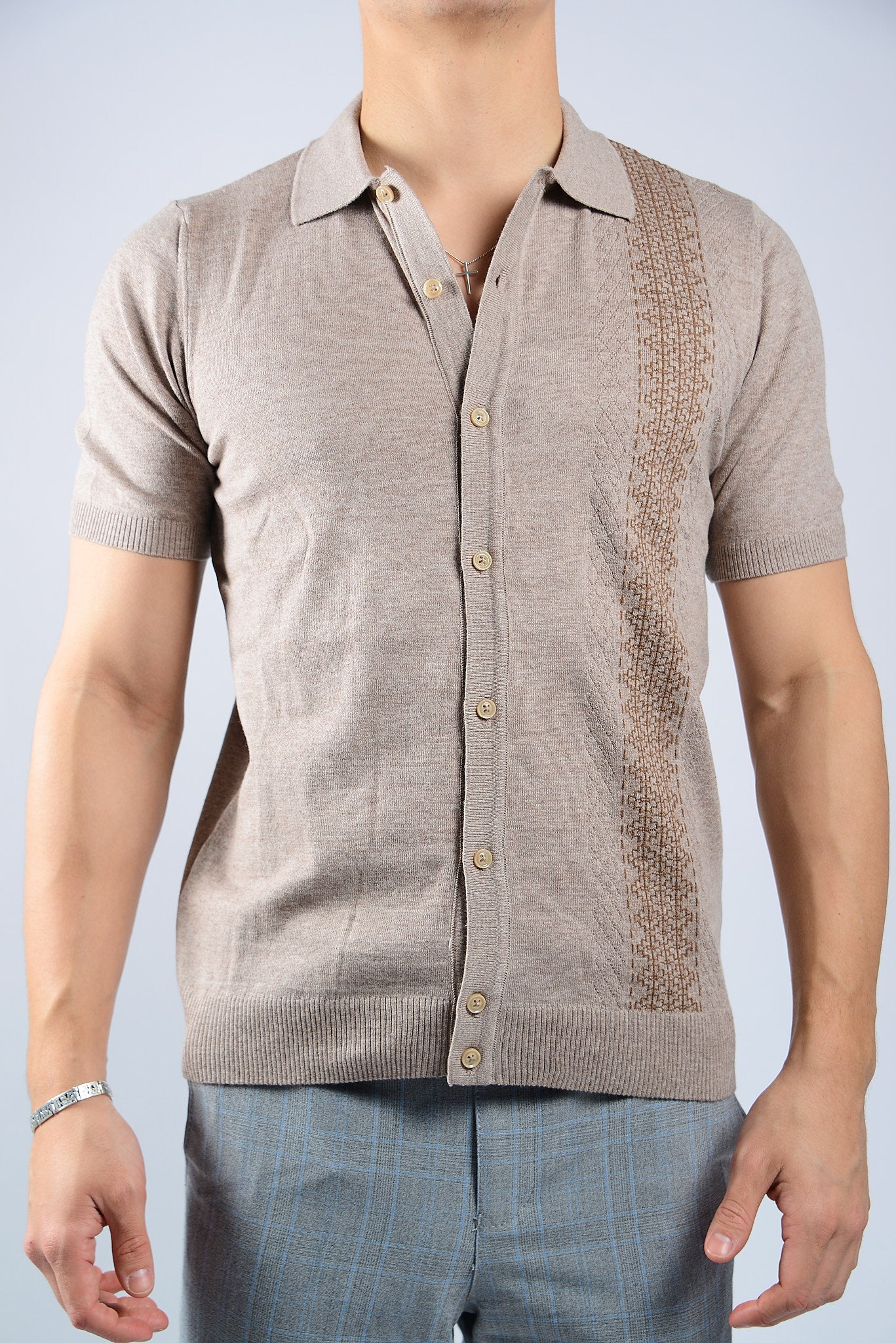 TEXTURED VERTICAL STRIPE KNIT BUTTON POLO
