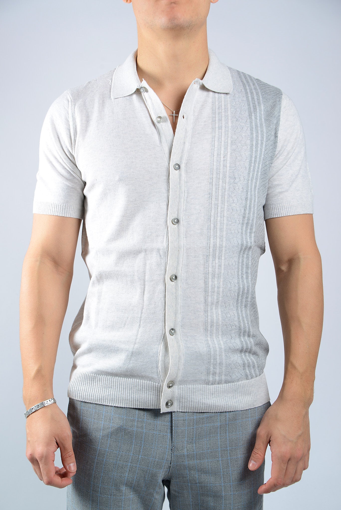 TEXTURED VERTICAL STRIPE KNIT BUTTON POLO