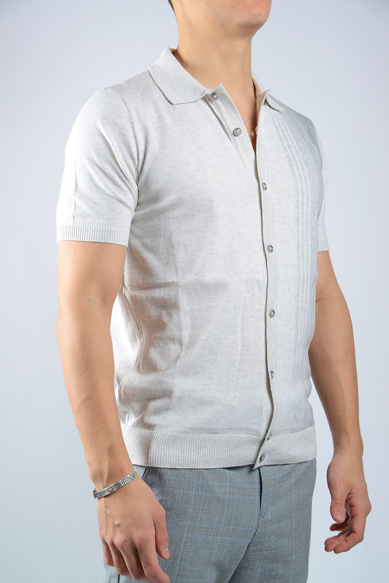 TEXTURED VERTICAL STRIPE KNIT BUTTON POLO