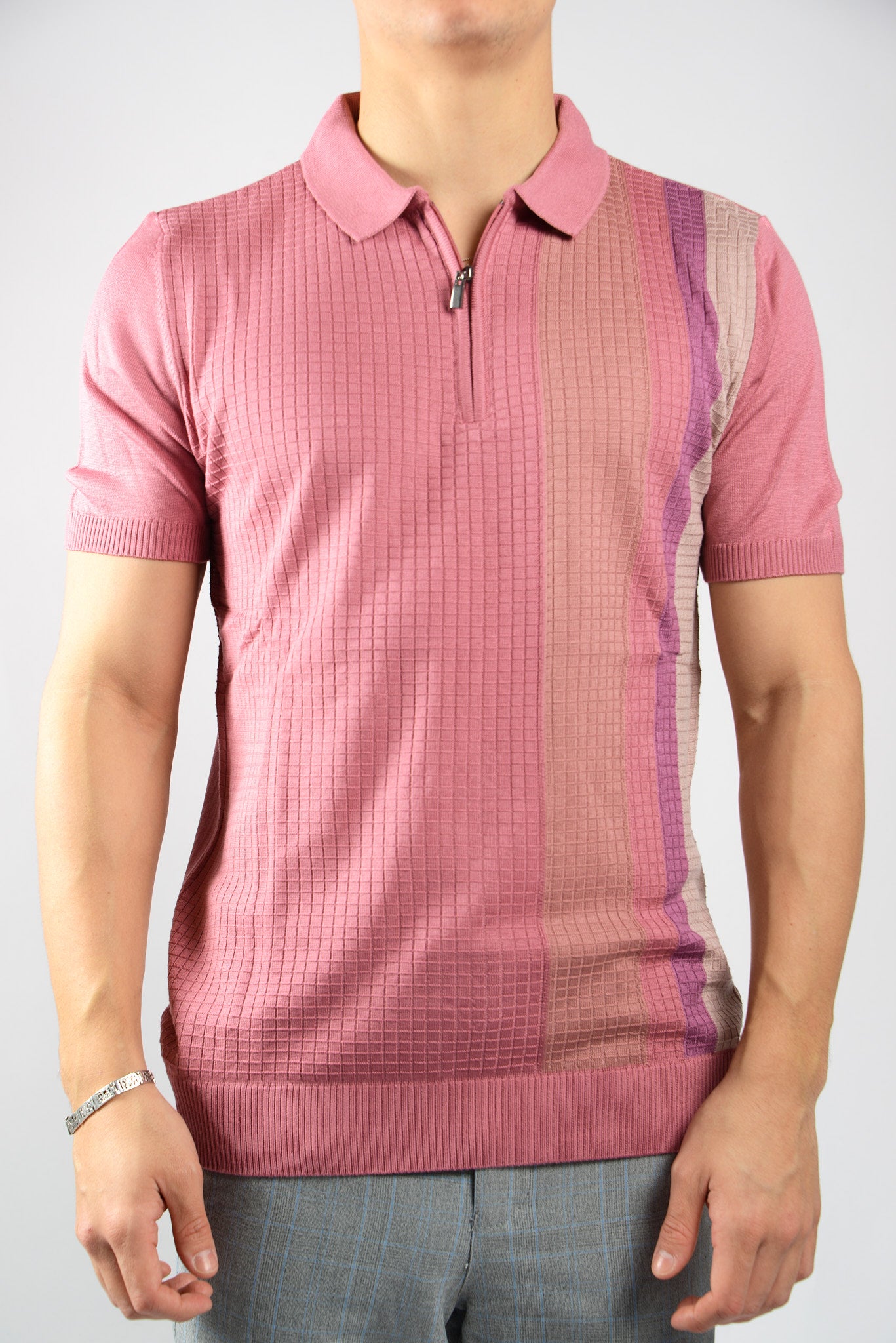 VERTICAL STRIPE KNIT ZIP POLO