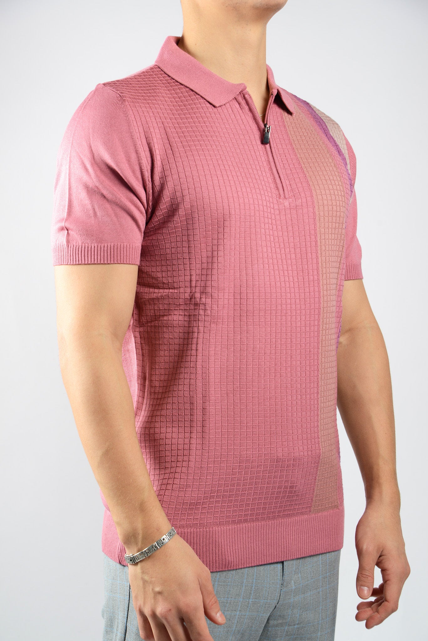VERTICAL STRIPE KNIT ZIP POLO