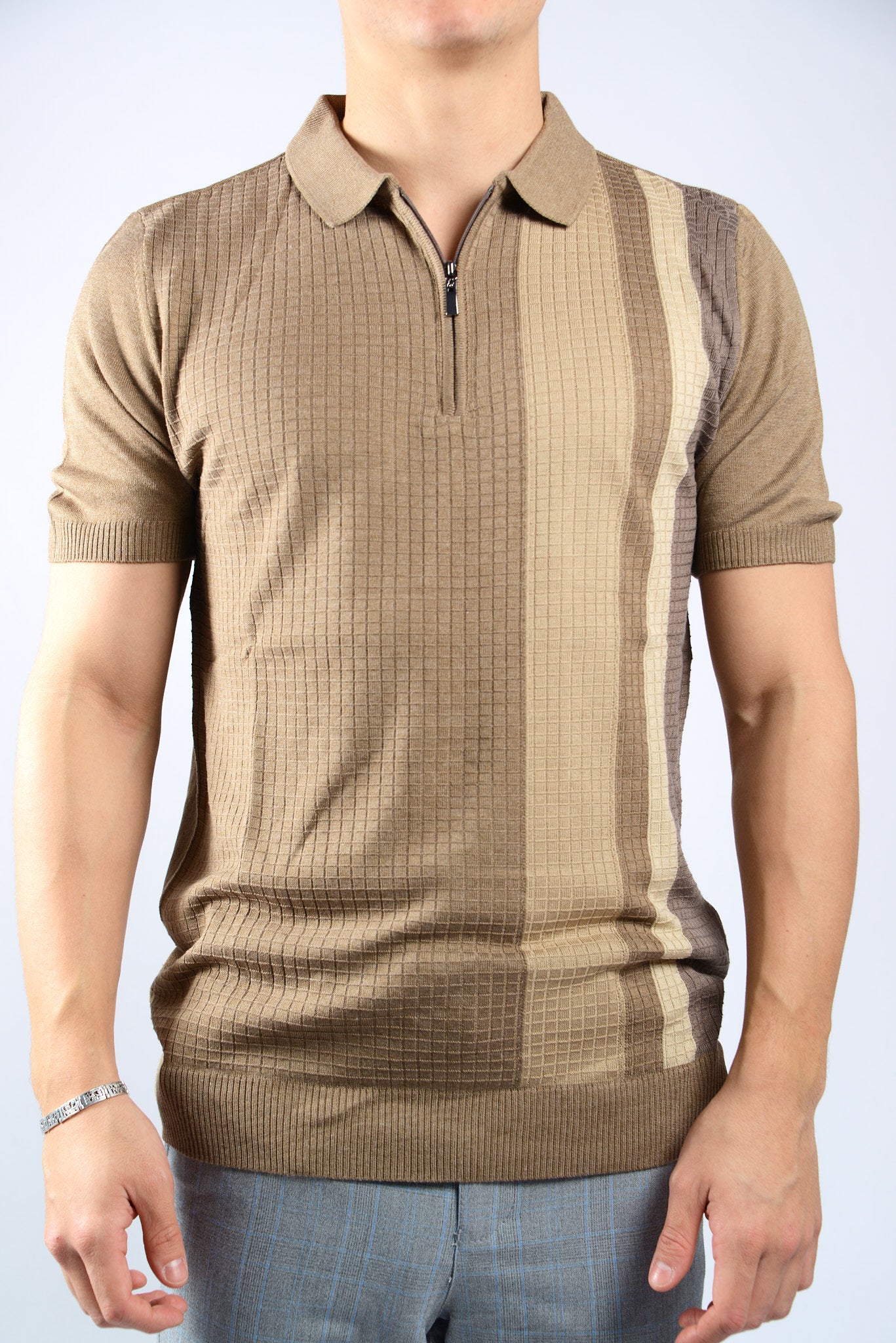 VERTICAL STRIPE KNIT ZIP POLO