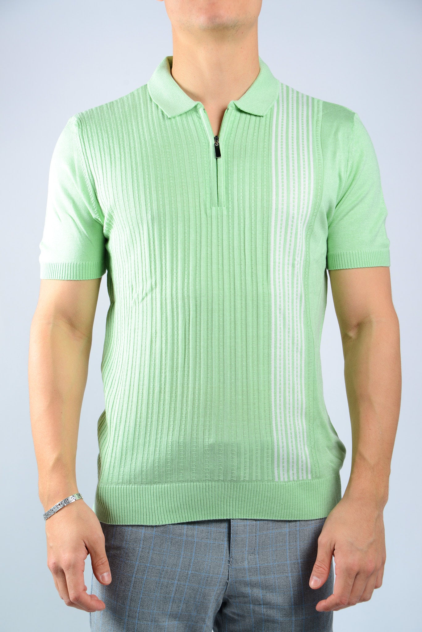 VERTICAL STRIPE KNIT ZIP POLO