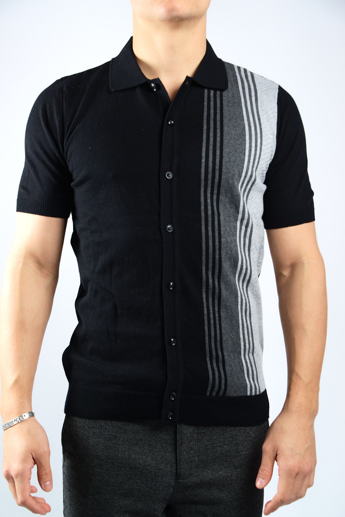 TEXTURED VERTICAL STRIPE KNIT BUTTON POLO