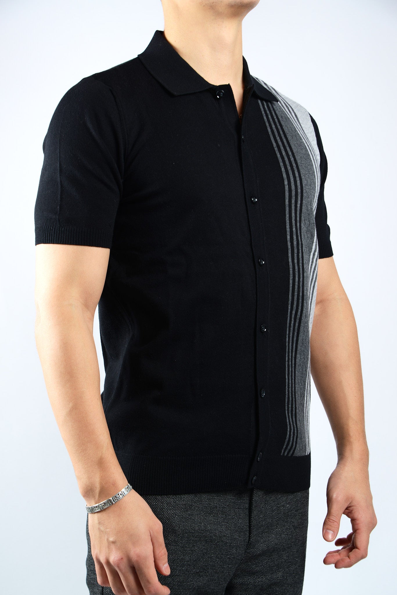 TEXTURED VERTICAL STRIPE KNIT BUTTON POLO