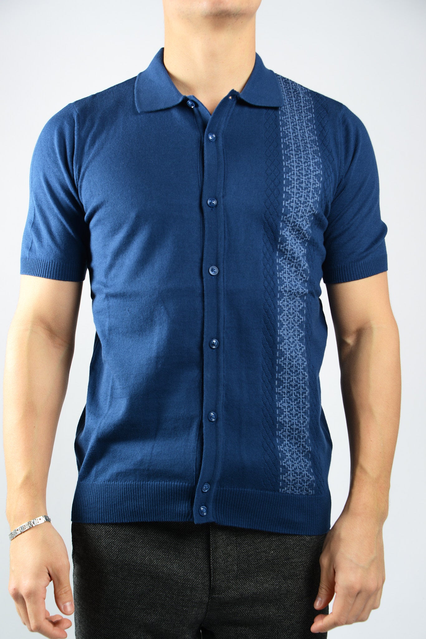 TEXTURED VERTICAL STRIPE KNIT BUTTON POLO