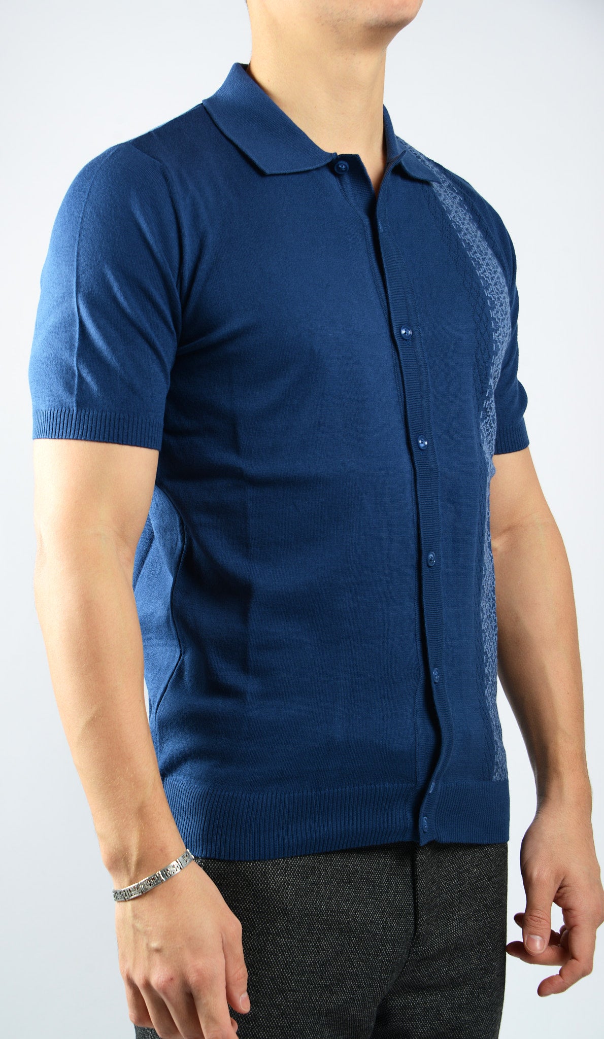 TEXTURED VERTICAL STRIPE KNIT BUTTON POLO