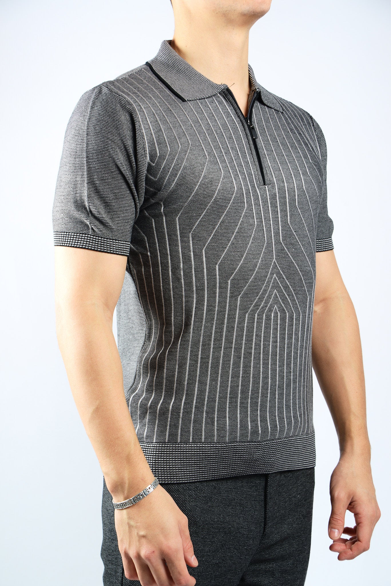 GEOMETRIC PRINT KNIT ZIP POLO