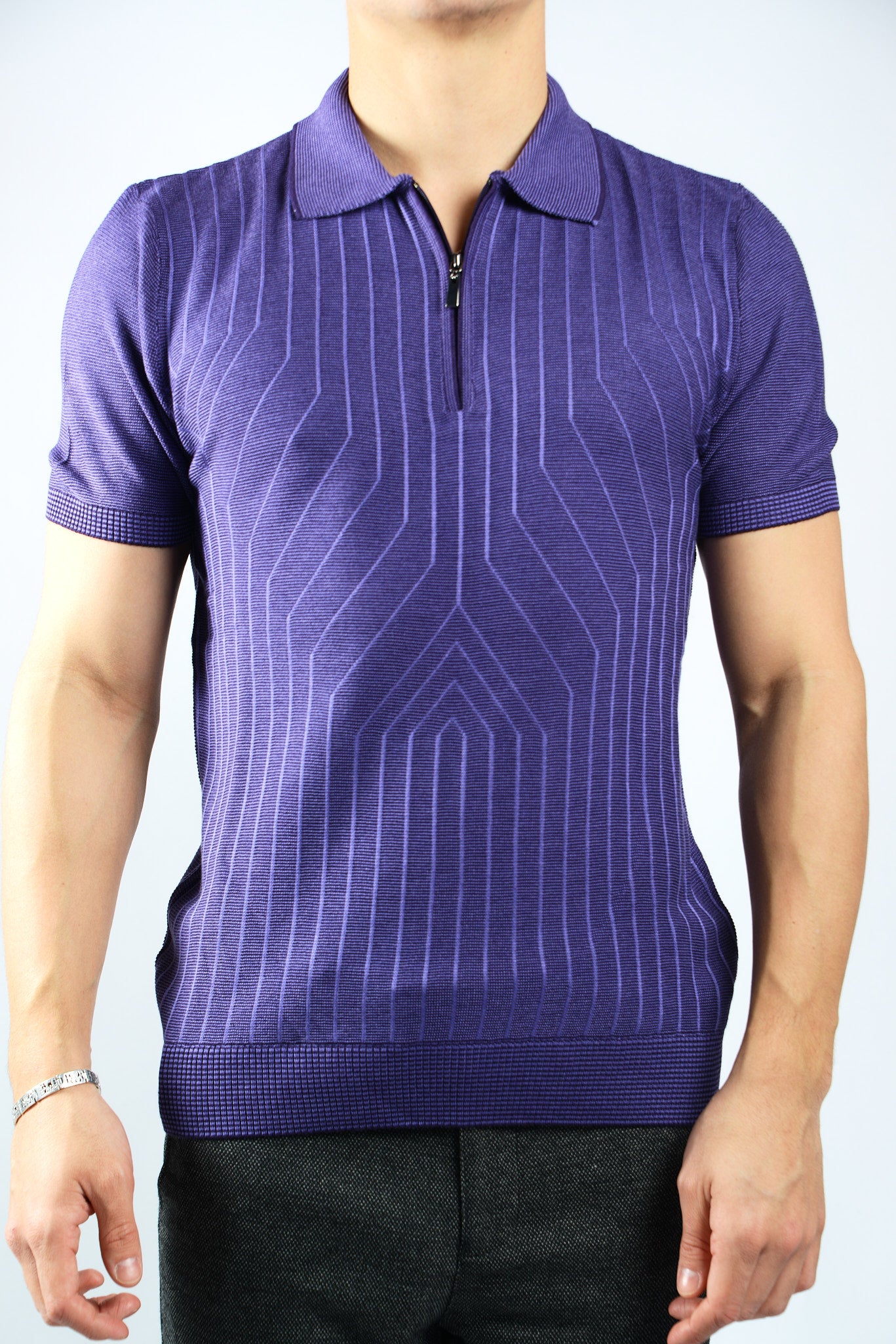 GEOMETRIC PRINT KNIT ZIP POLO