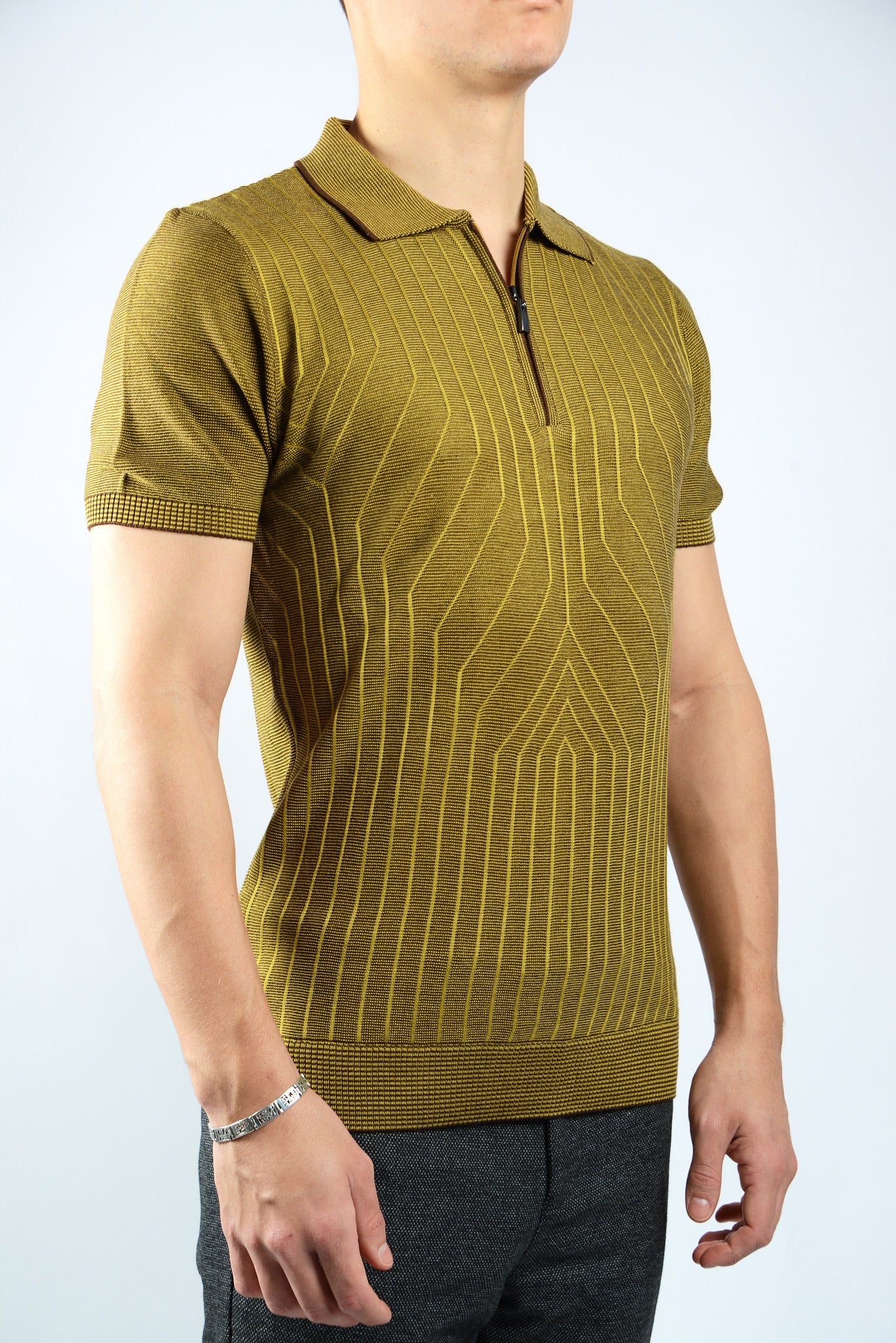 GEOMETRIC PRINT KNIT ZIP POLO