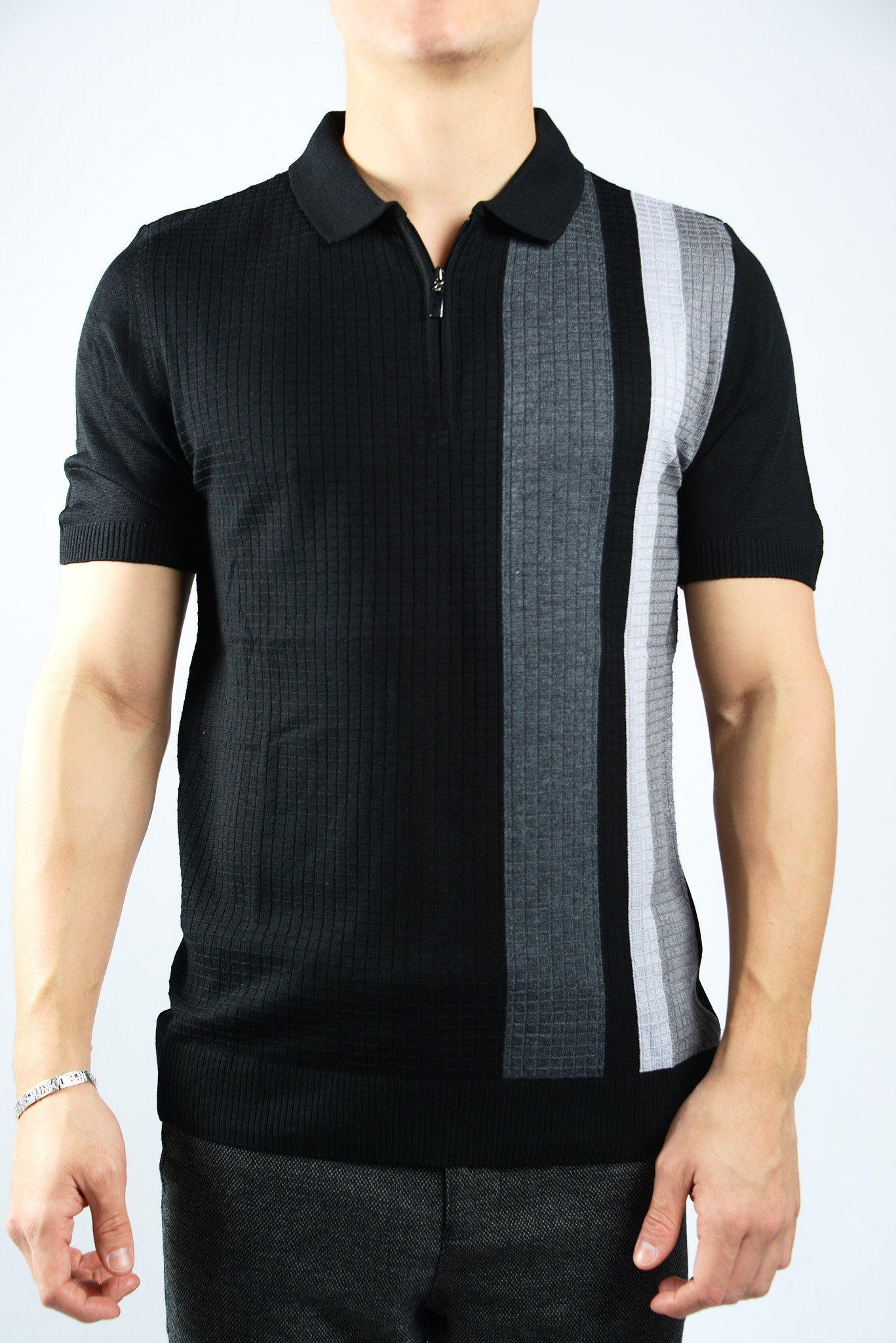 GRID TEXTURE COLORBLOCK KNIT ZIP POLO