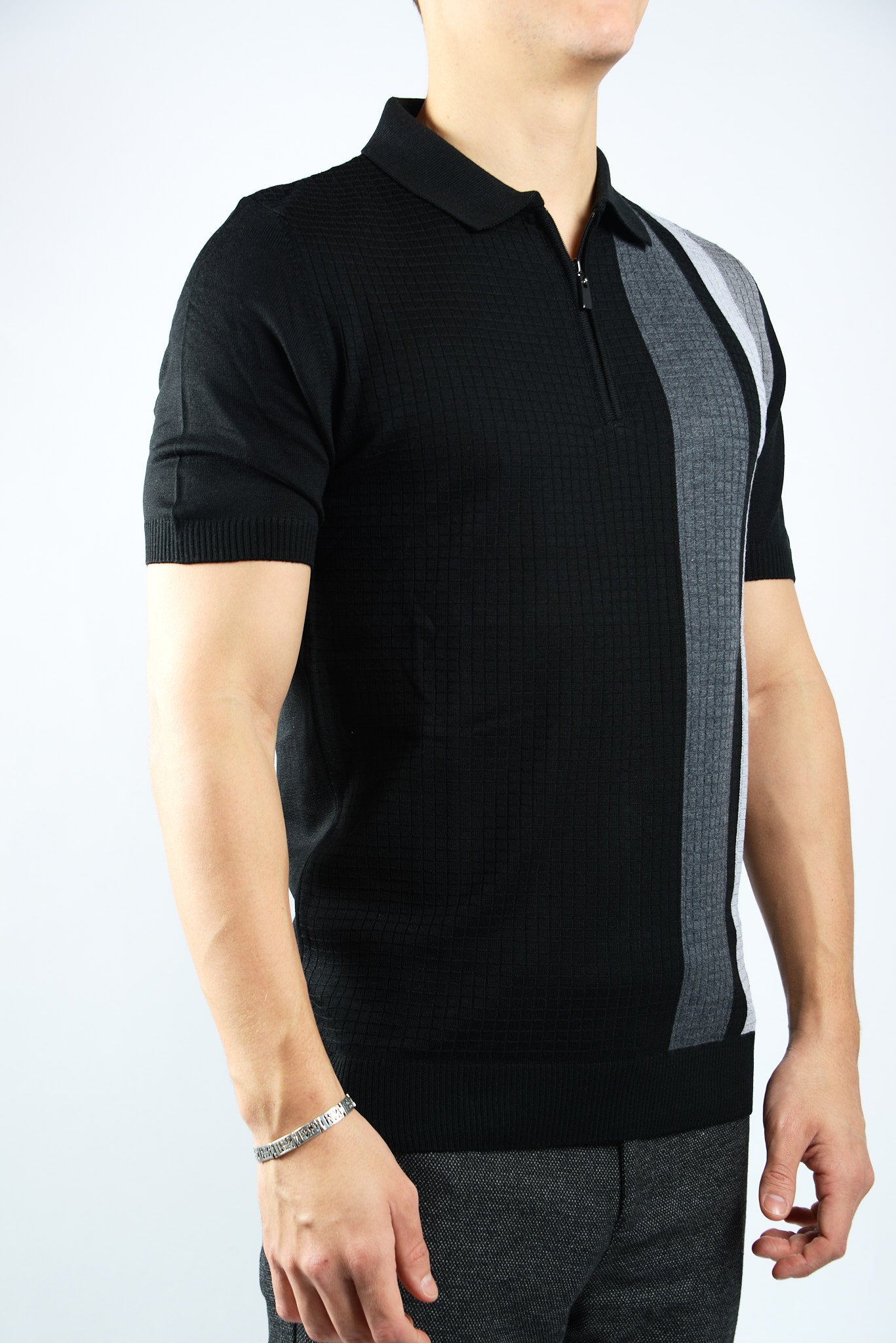 GRID TEXTURE COLORBLOCK KNIT ZIP POLO