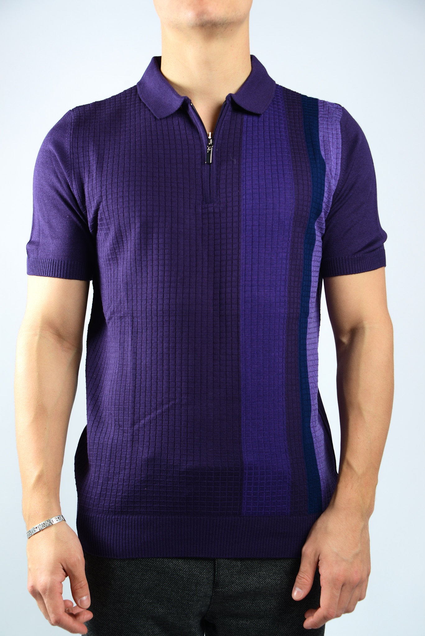 GRID TEXTURE COLORBLOCK KNIT ZIP POLO