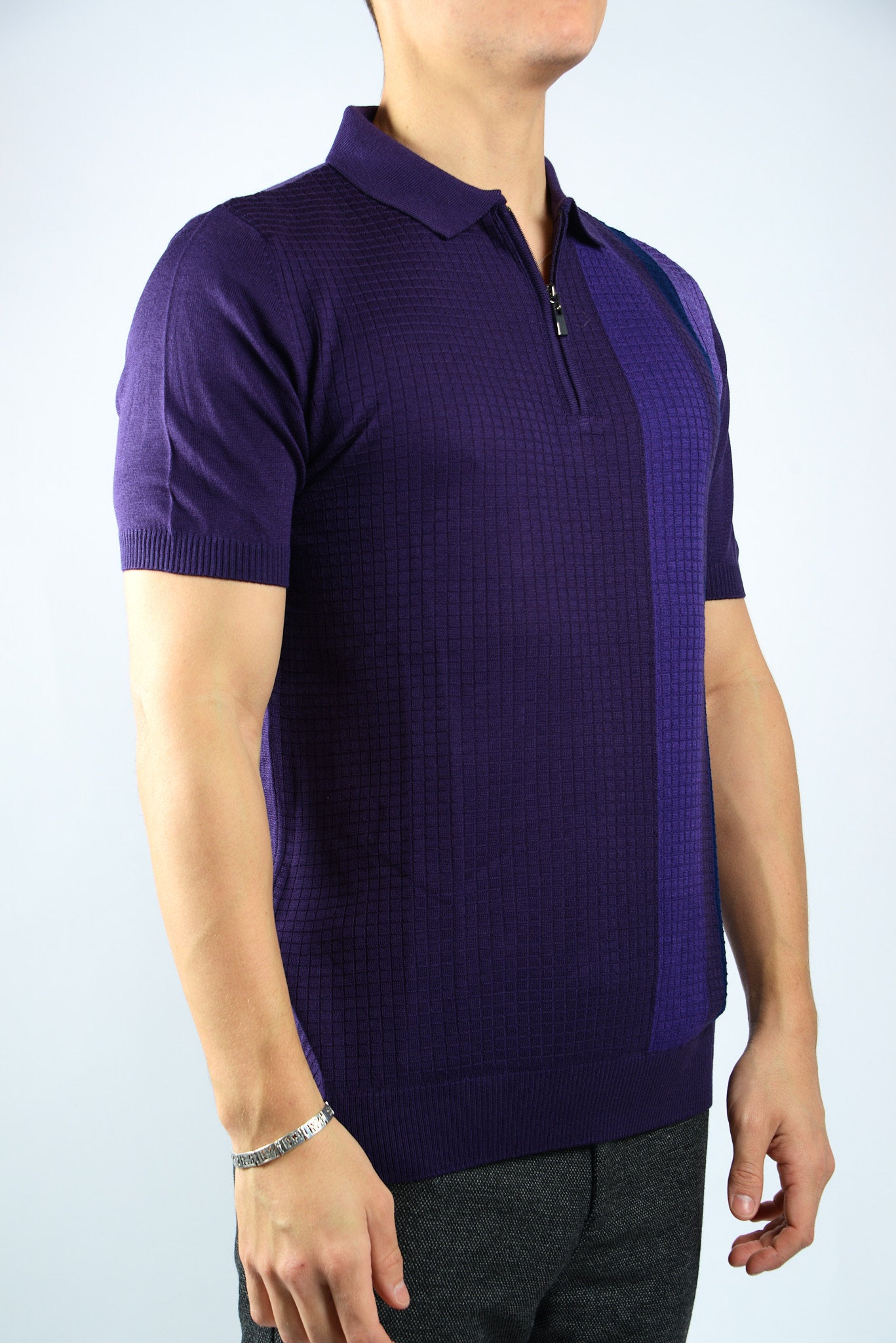 GRID TEXTURE COLORBLOCK KNIT ZIP POLO