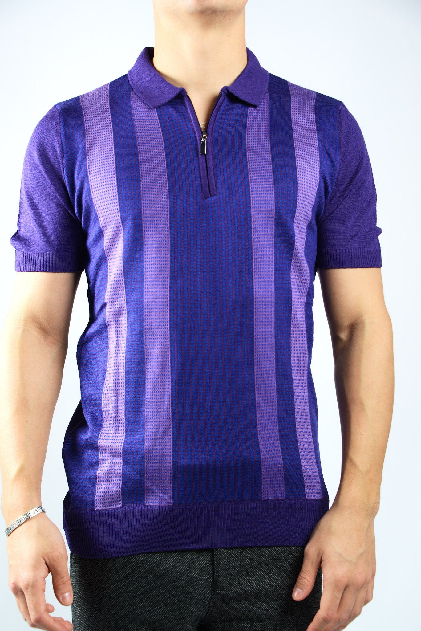 VERTICAL STRIPE KNIT ZIP POLO
