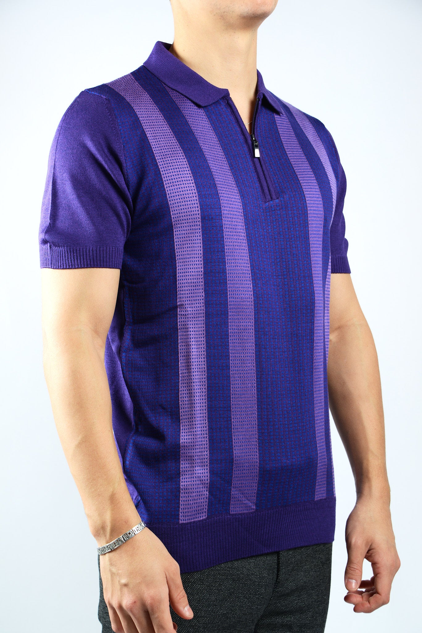 VERTICAL STRIPE KNIT ZIP POLO