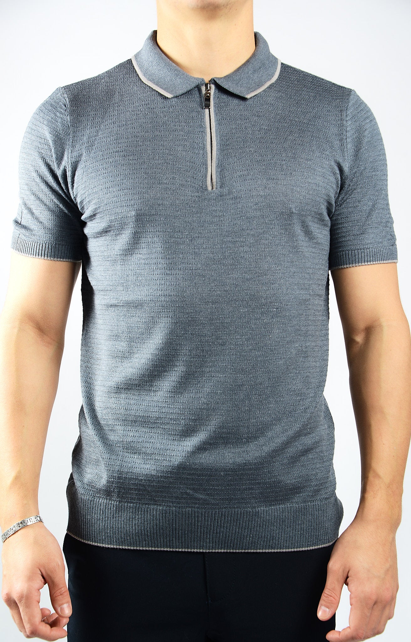 TIPPED COLLAR KNIT ZIP POLO