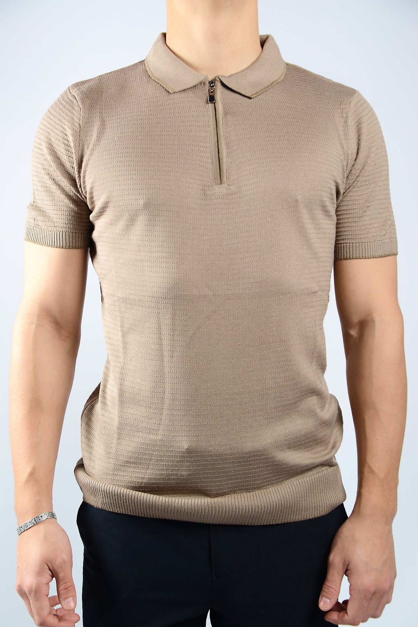 TIPPED COLLAR KNIT ZIP POLO