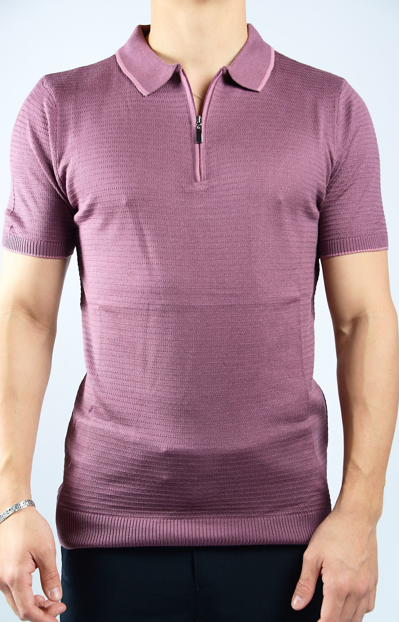 TIPPED COLLAR KNIT ZIP POLO