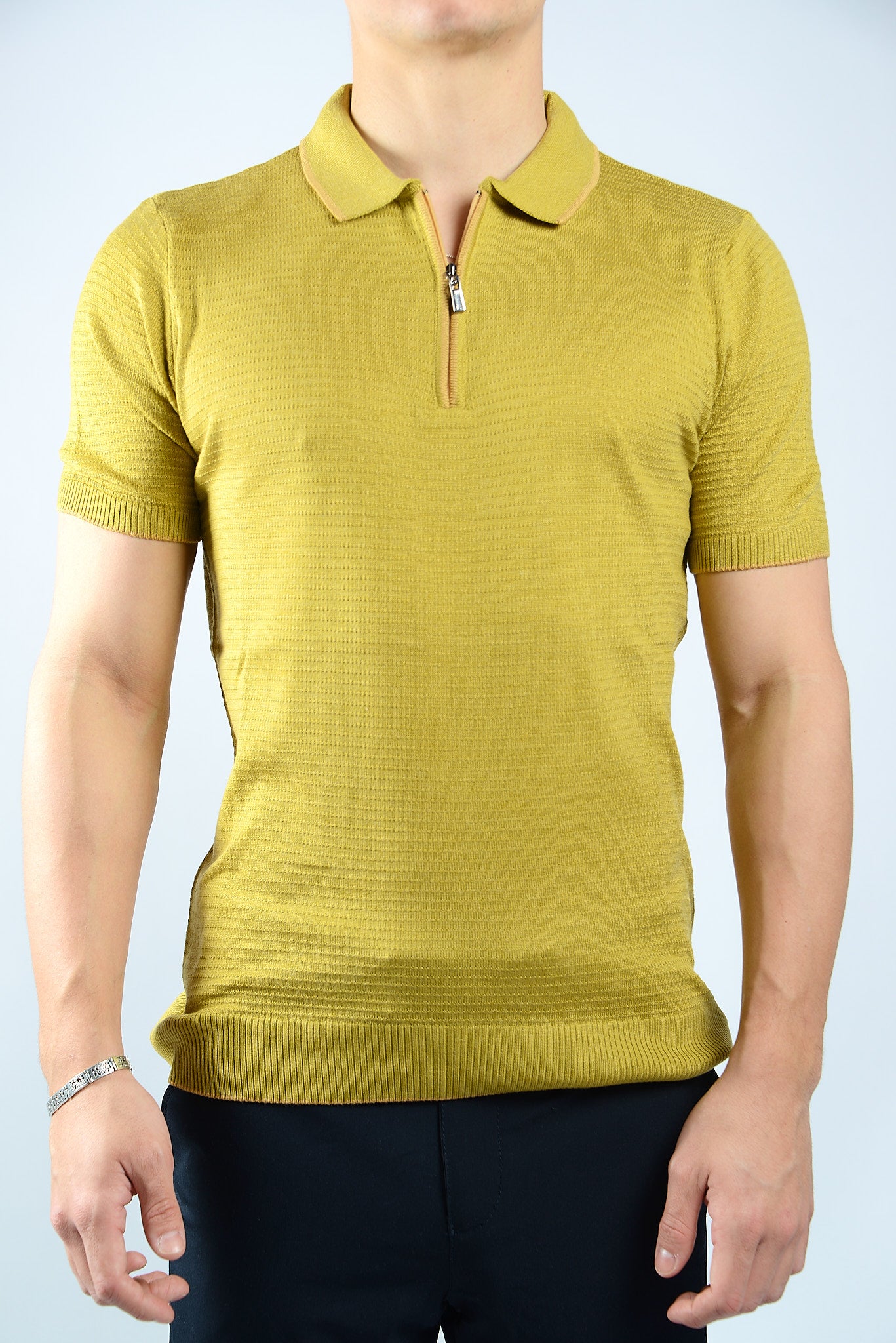 TIPPED COLLAR KNIT ZIP POLO
