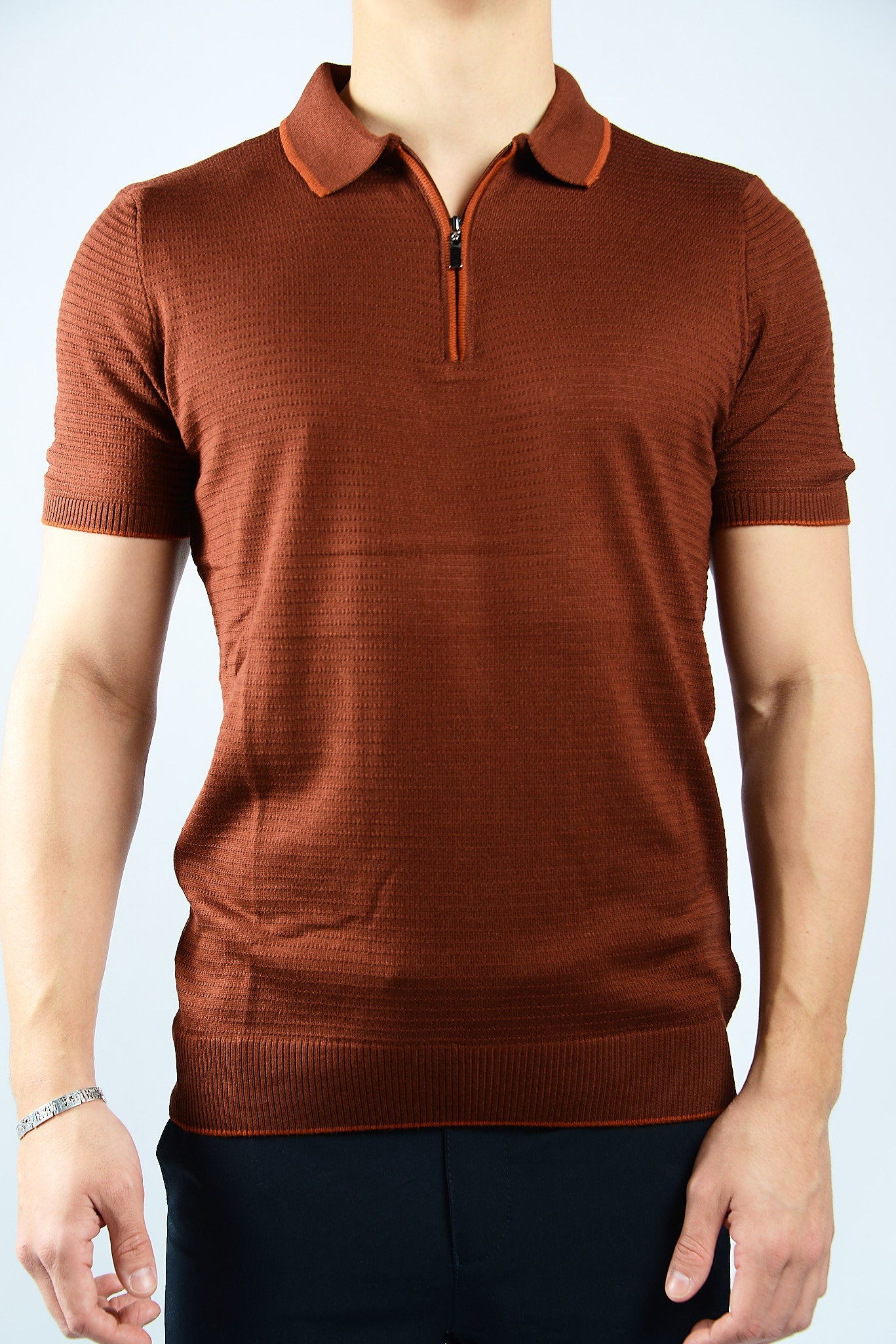 TIPPED COLLAR KNIT ZIP POLO