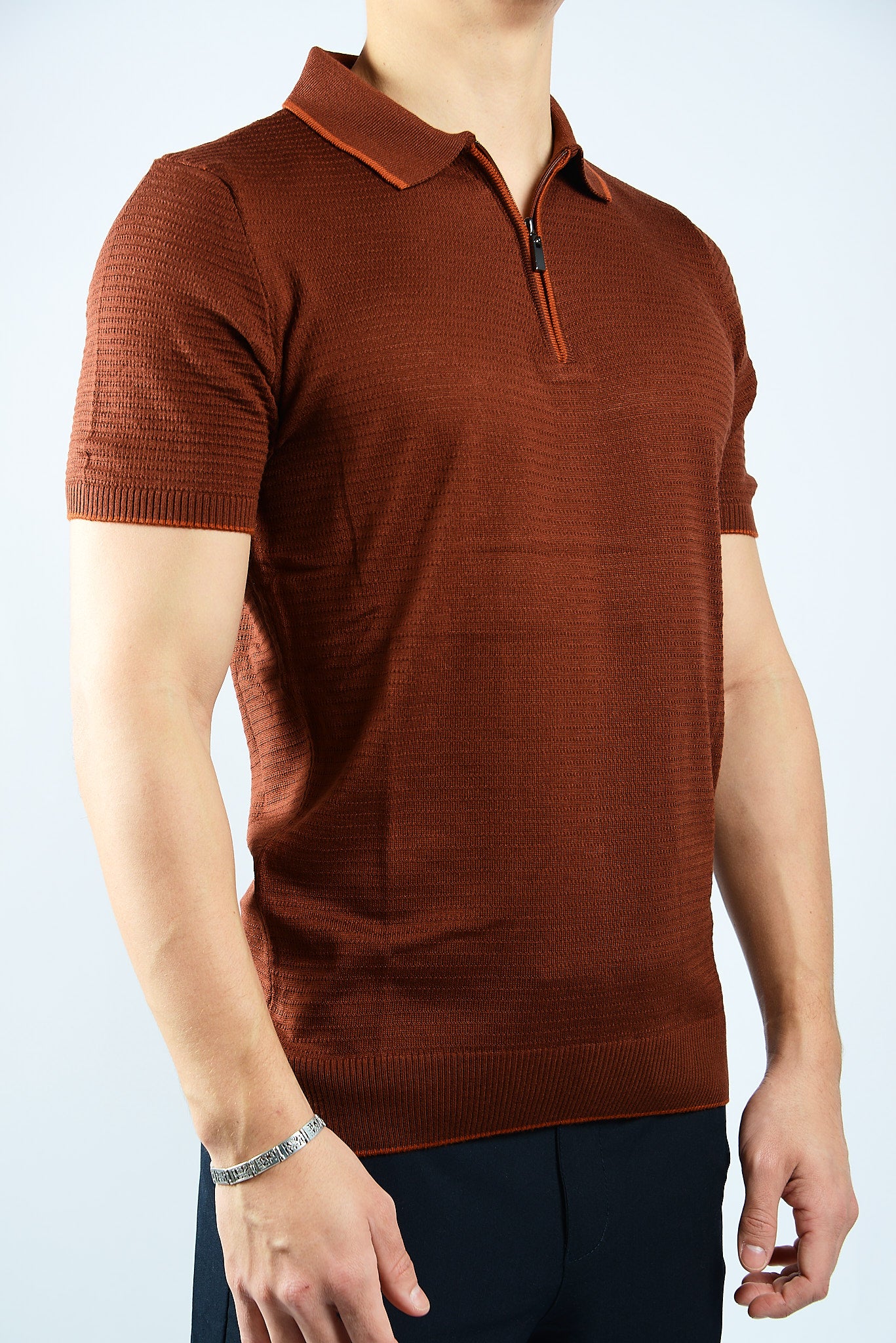 TIPPED COLLAR KNIT ZIP POLO