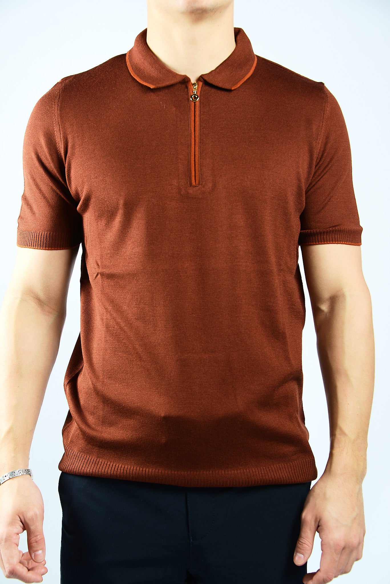 TIPPED COLLAR KNIT ZIP POLO