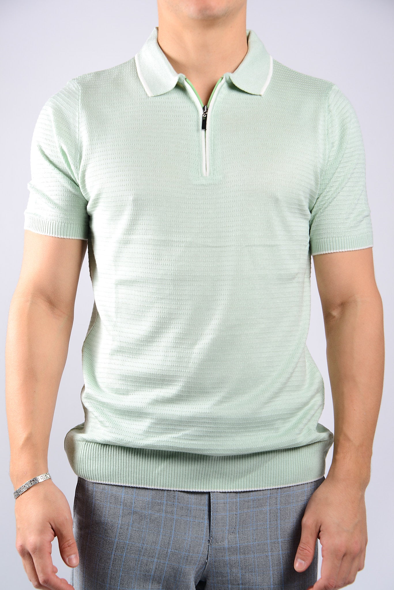TIPPED COLLAR KNIT ZIP POLO